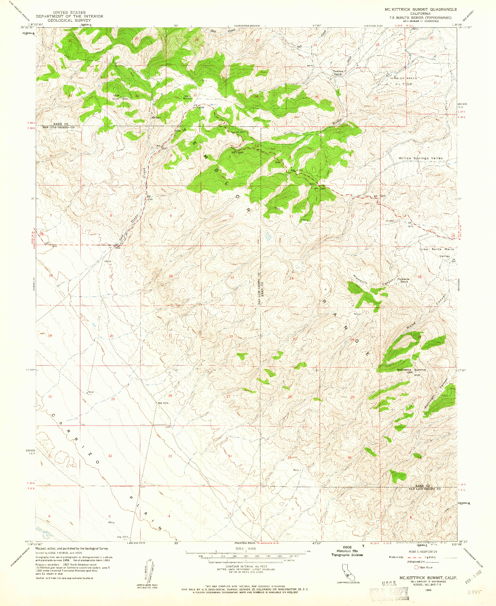 USGS 1:24000-SCALE QUADRANGLE FOR MC KITTRICK SUMMIT, CA 1959