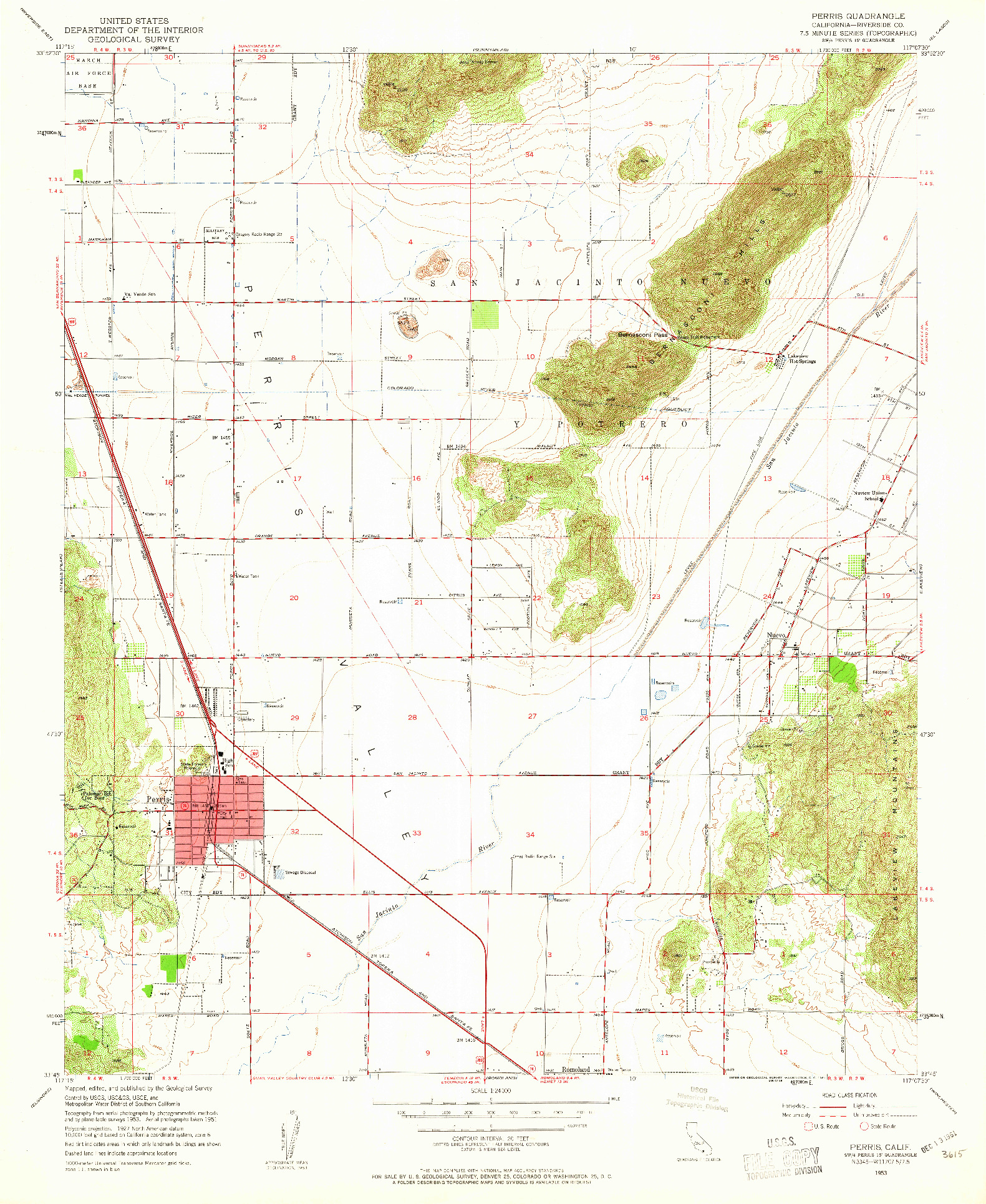 USGS 1:24000-SCALE QUADRANGLE FOR PERRIS, CA 1953