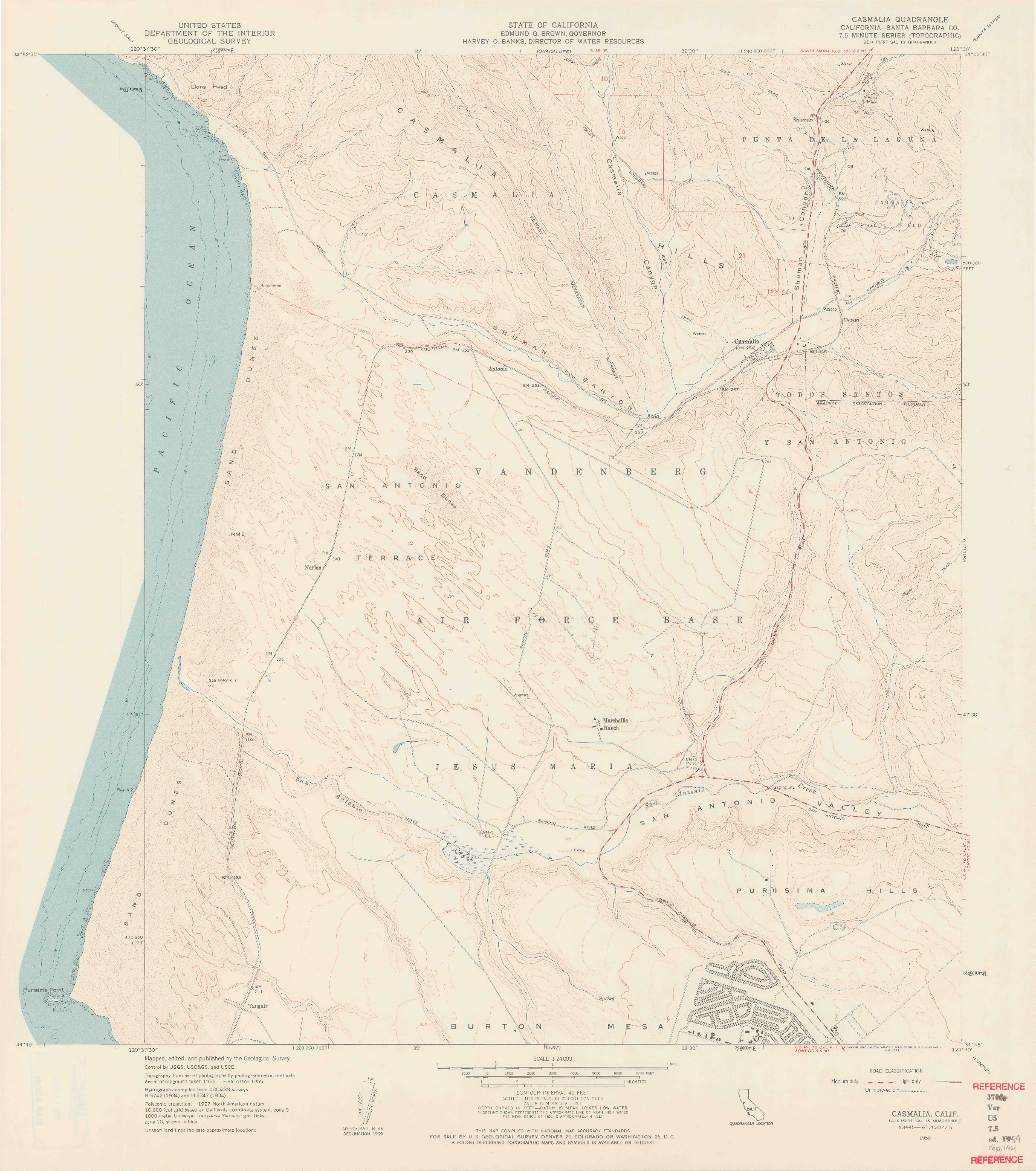 USGS 1:24000-SCALE QUADRANGLE FOR CASMALIA, CA 1959