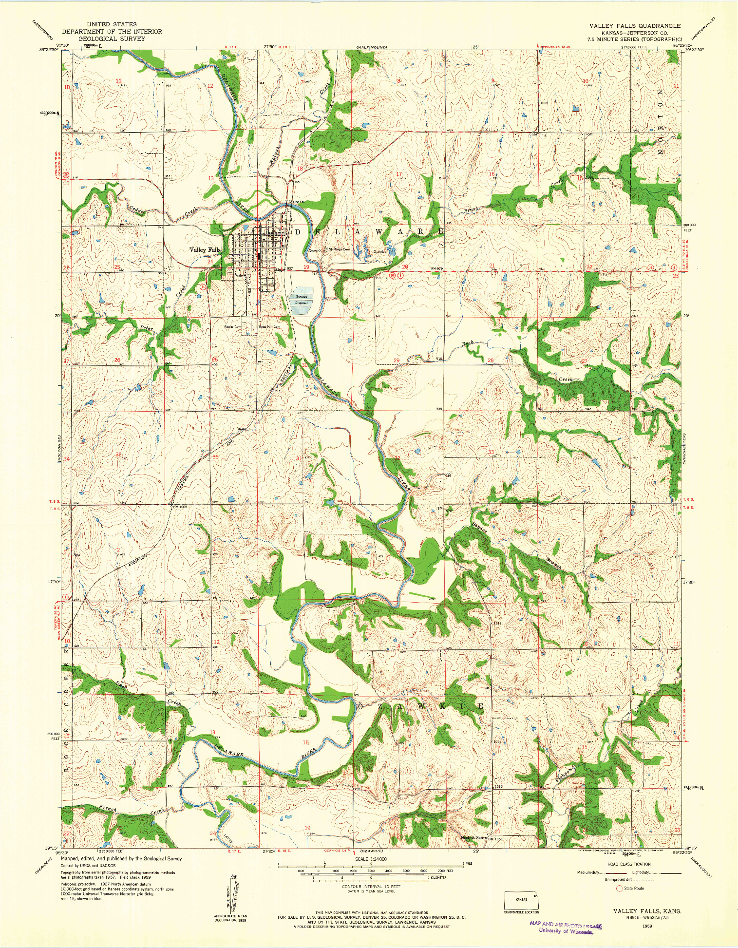 USGS 1:24000-SCALE QUADRANGLE FOR VALLEY FALLS, KS 1959