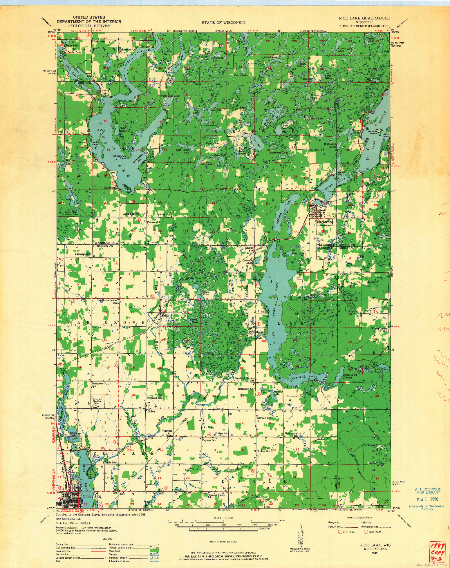 USGS 1:48000-SCALE QUADRANGLE FOR RICE LAKE, WI 1949