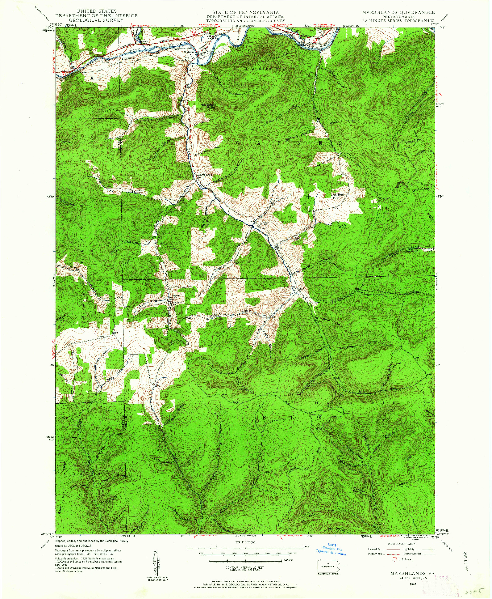 USGS 1:24000-SCALE QUADRANGLE FOR MARSHLANDS, PA 1947