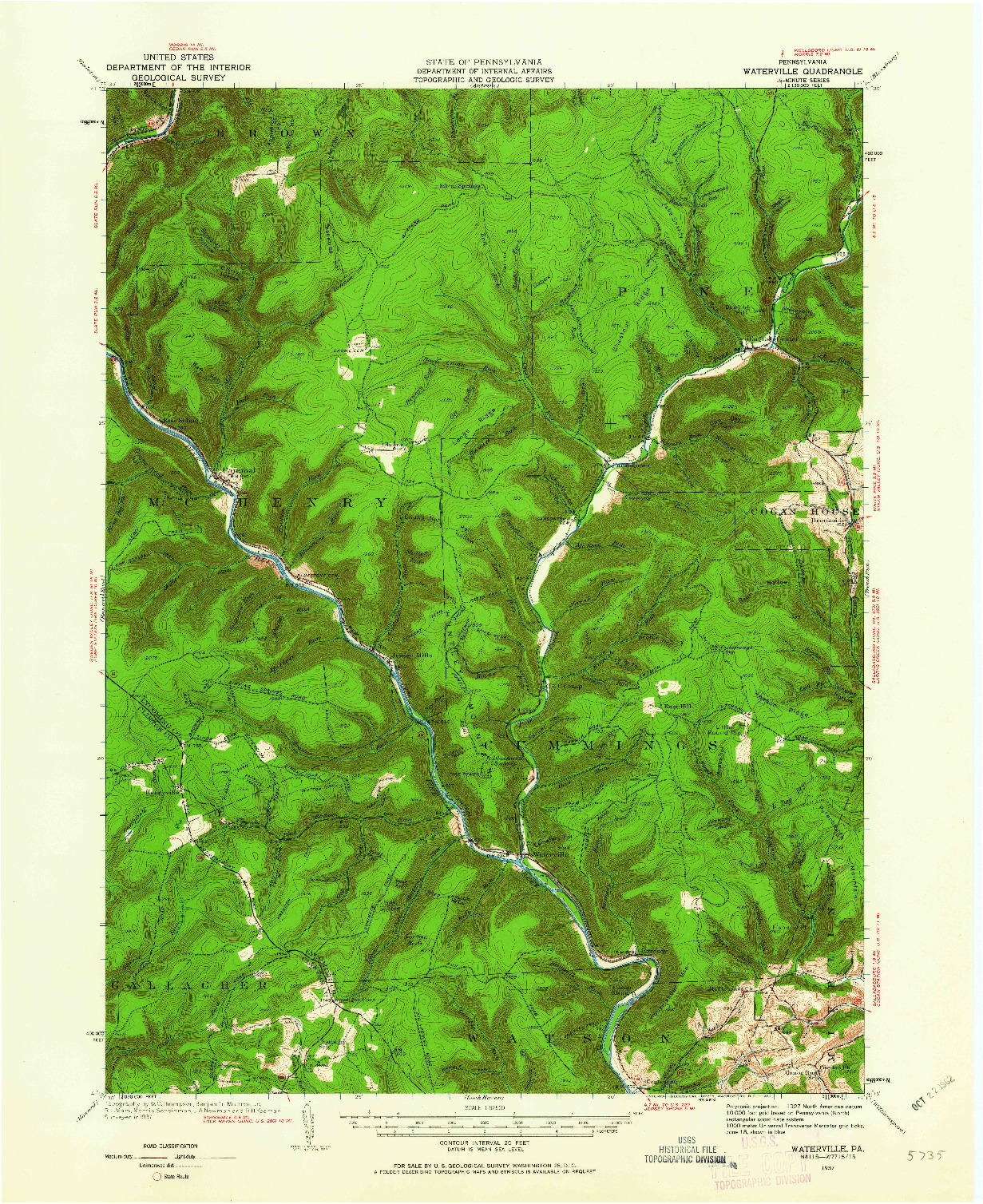 USGS 1:62500-SCALE QUADRANGLE FOR WATERVILLE, PA 1937