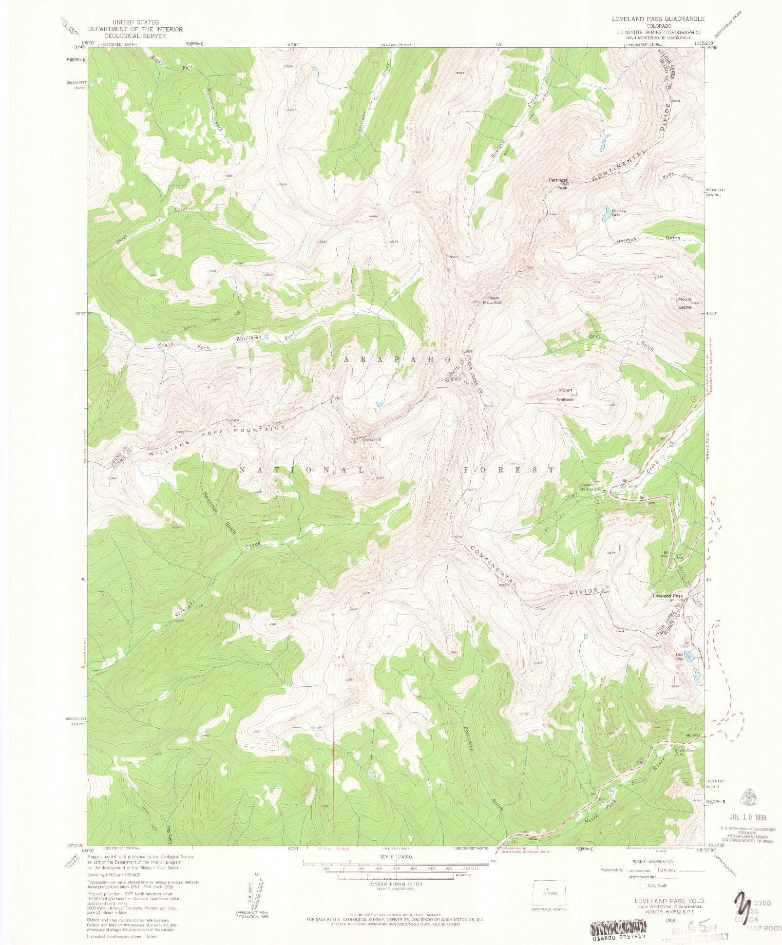 USGS 1:24000-SCALE QUADRANGLE FOR LOVELAND PASS, CO 1958