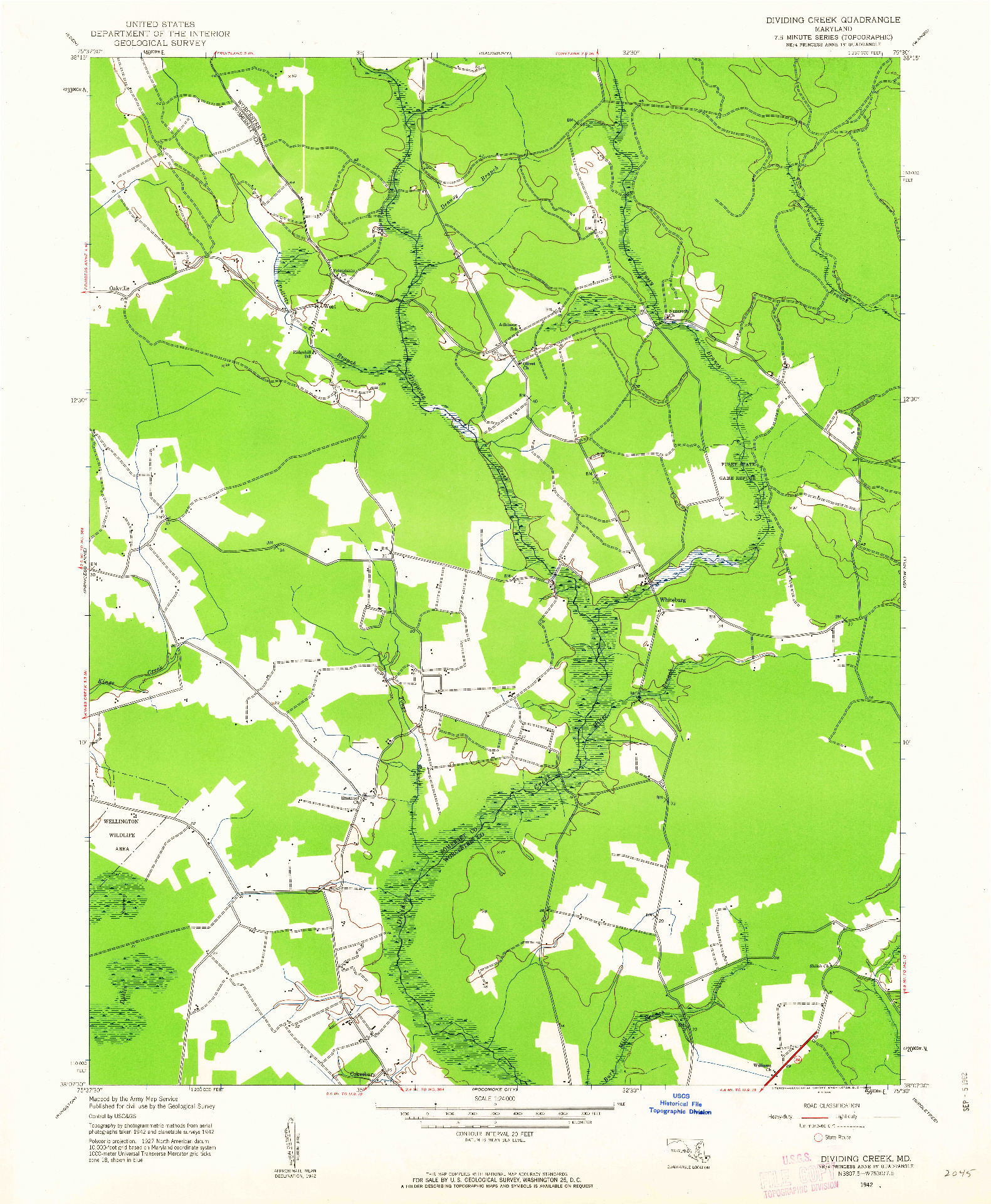 USGS 1:24000-SCALE QUADRANGLE FOR DIVIDING CREEK, MD 1942