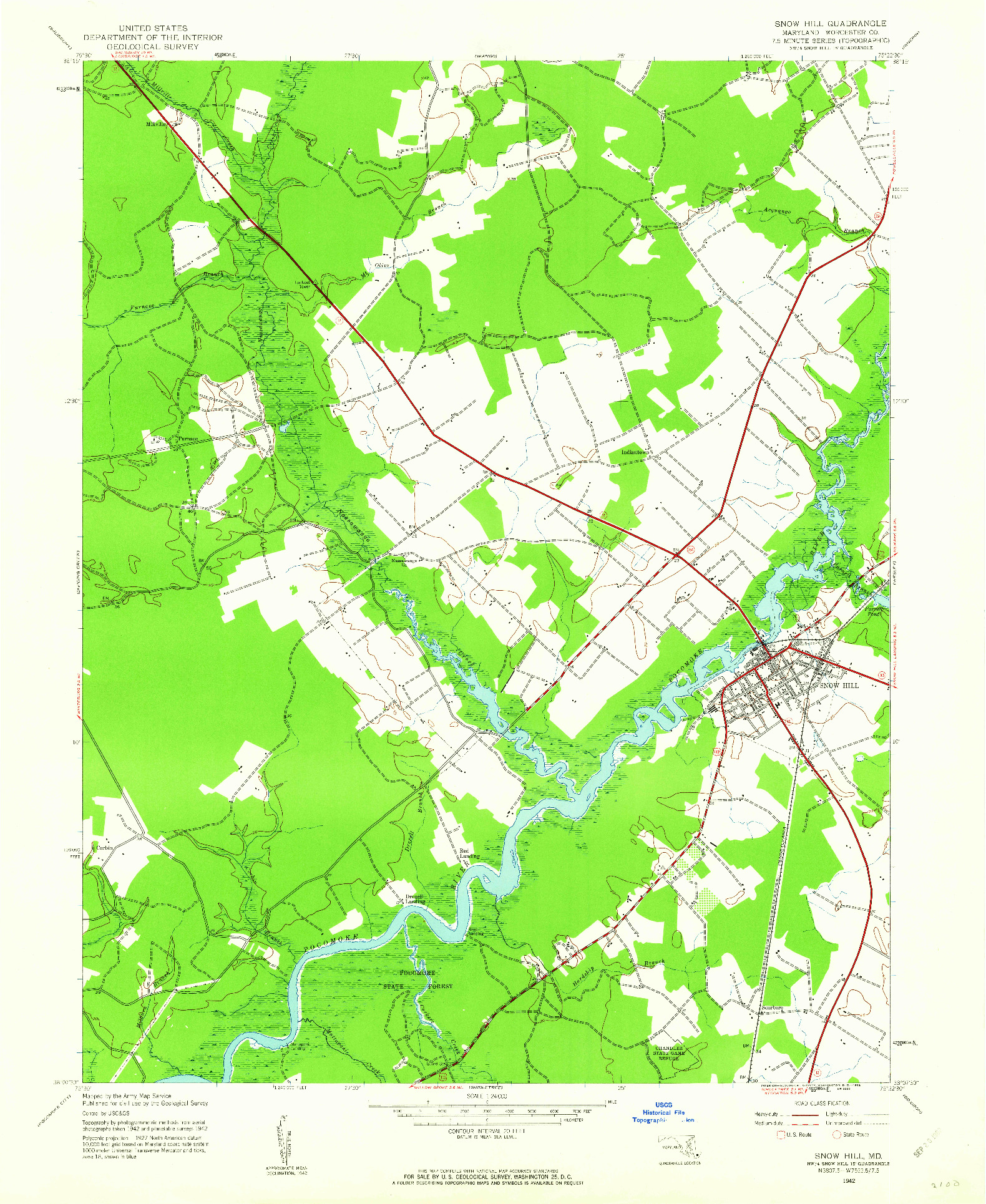 USGS 1:24000-SCALE QUADRANGLE FOR SNOW HILL, MD 1942