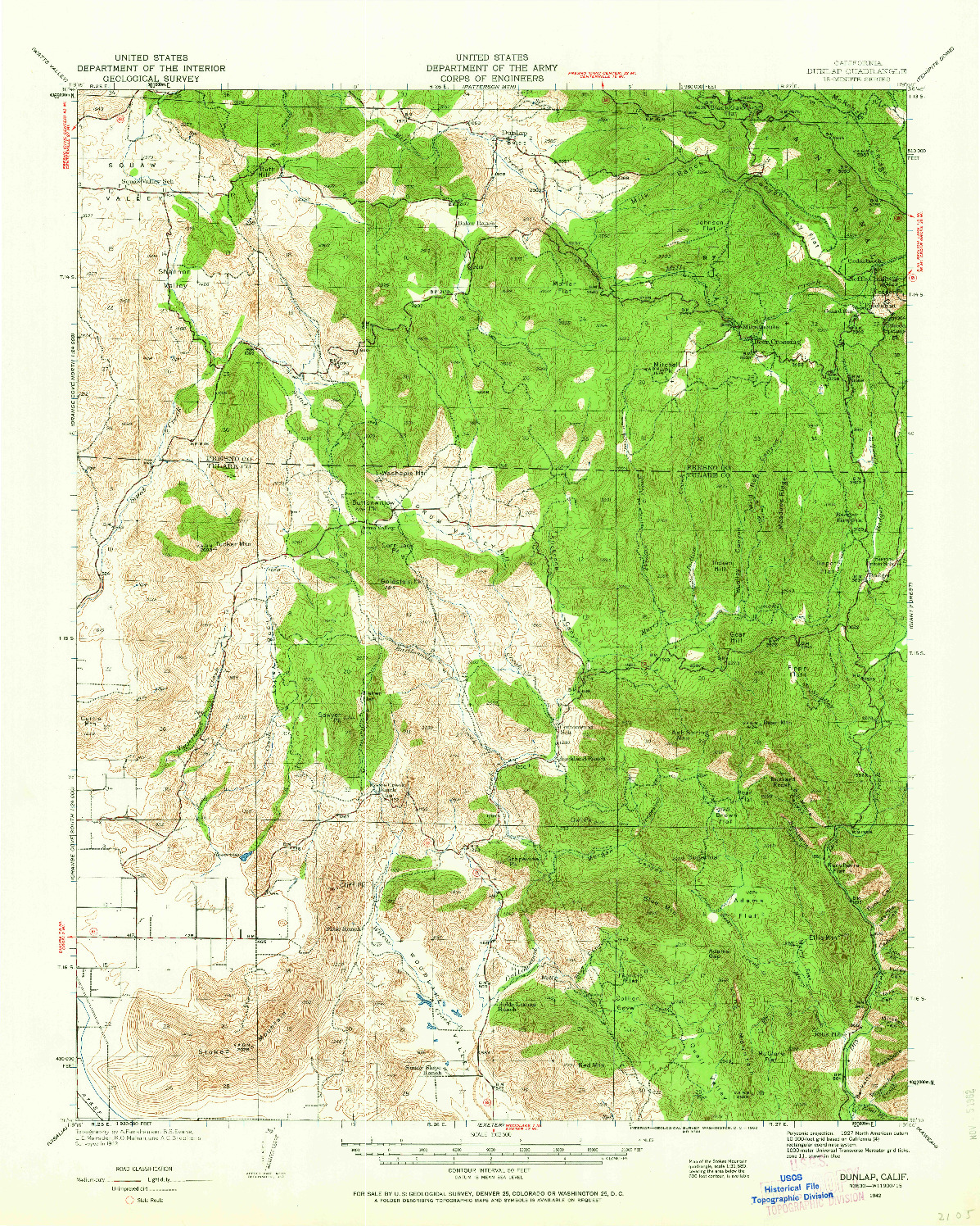 USGS 1:62500-SCALE QUADRANGLE FOR DUNLAP, CA 1942