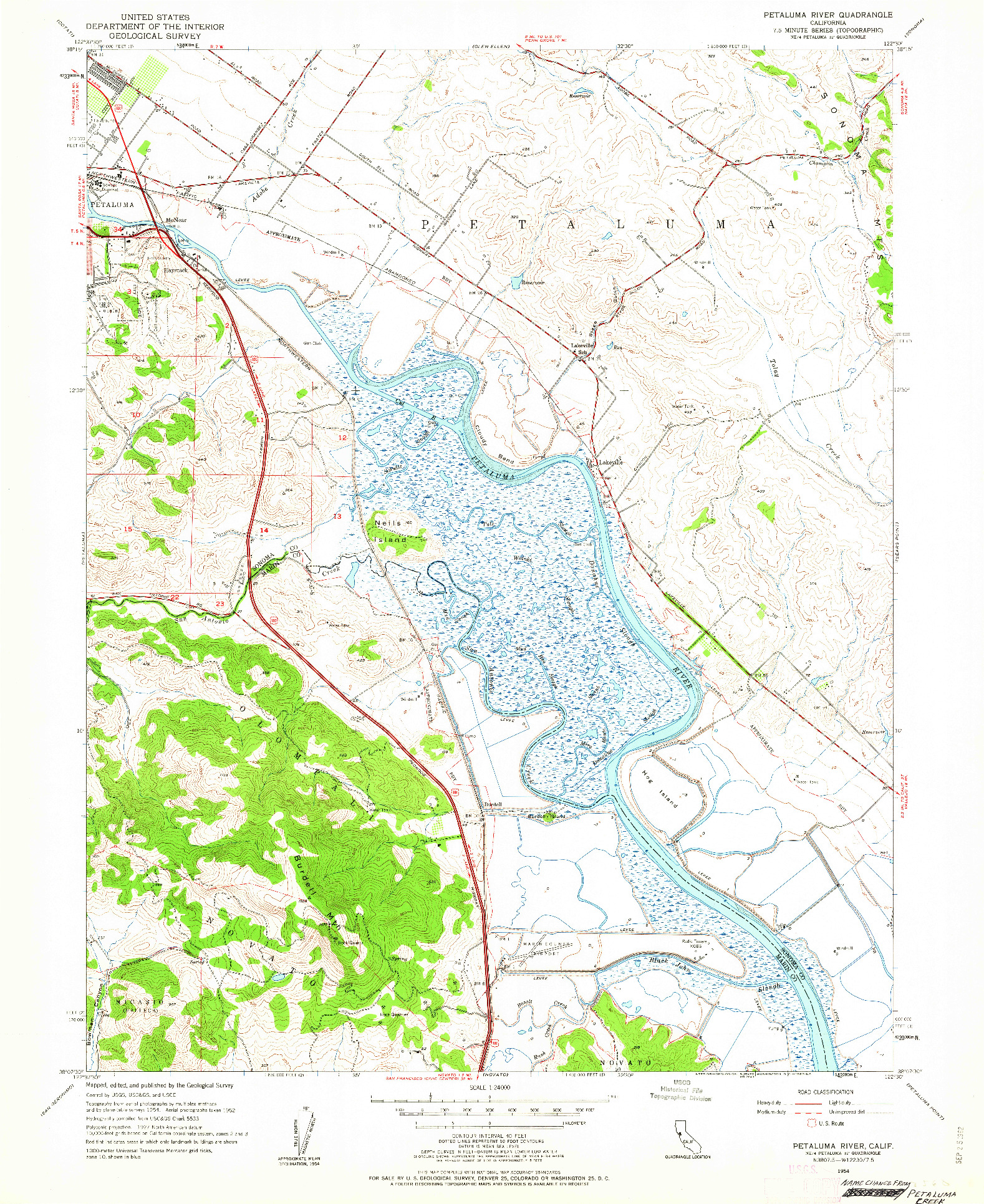 USGS 1:24000-SCALE QUADRANGLE FOR PETALUMA RIVER, CA 1954