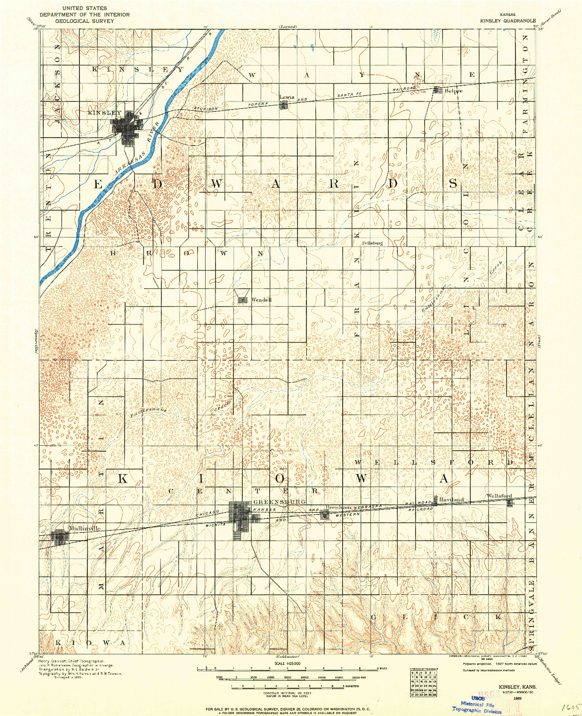 USGS 1:125000-SCALE QUADRANGLE FOR KINSLEY, KS 1889