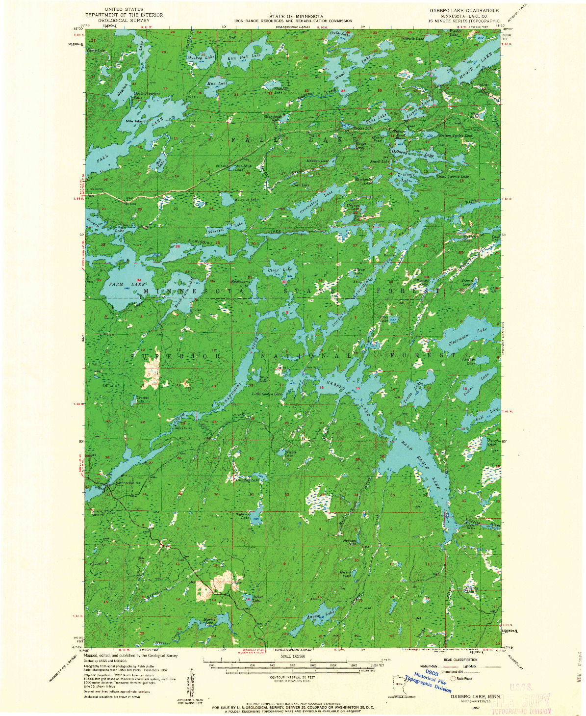USGS 1:62500-SCALE QUADRANGLE FOR GABBRO LAKE, MN 1957