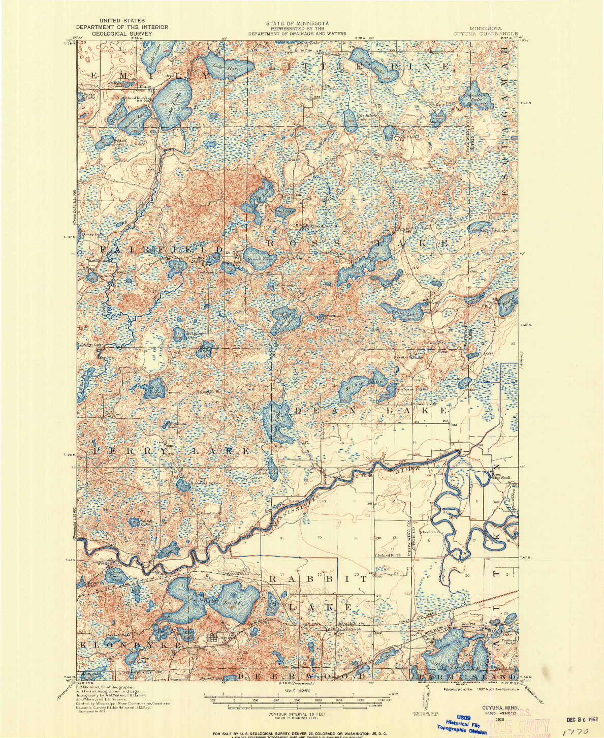 USGS 1:62500-SCALE QUADRANGLE FOR CUYUNA, MN 1913