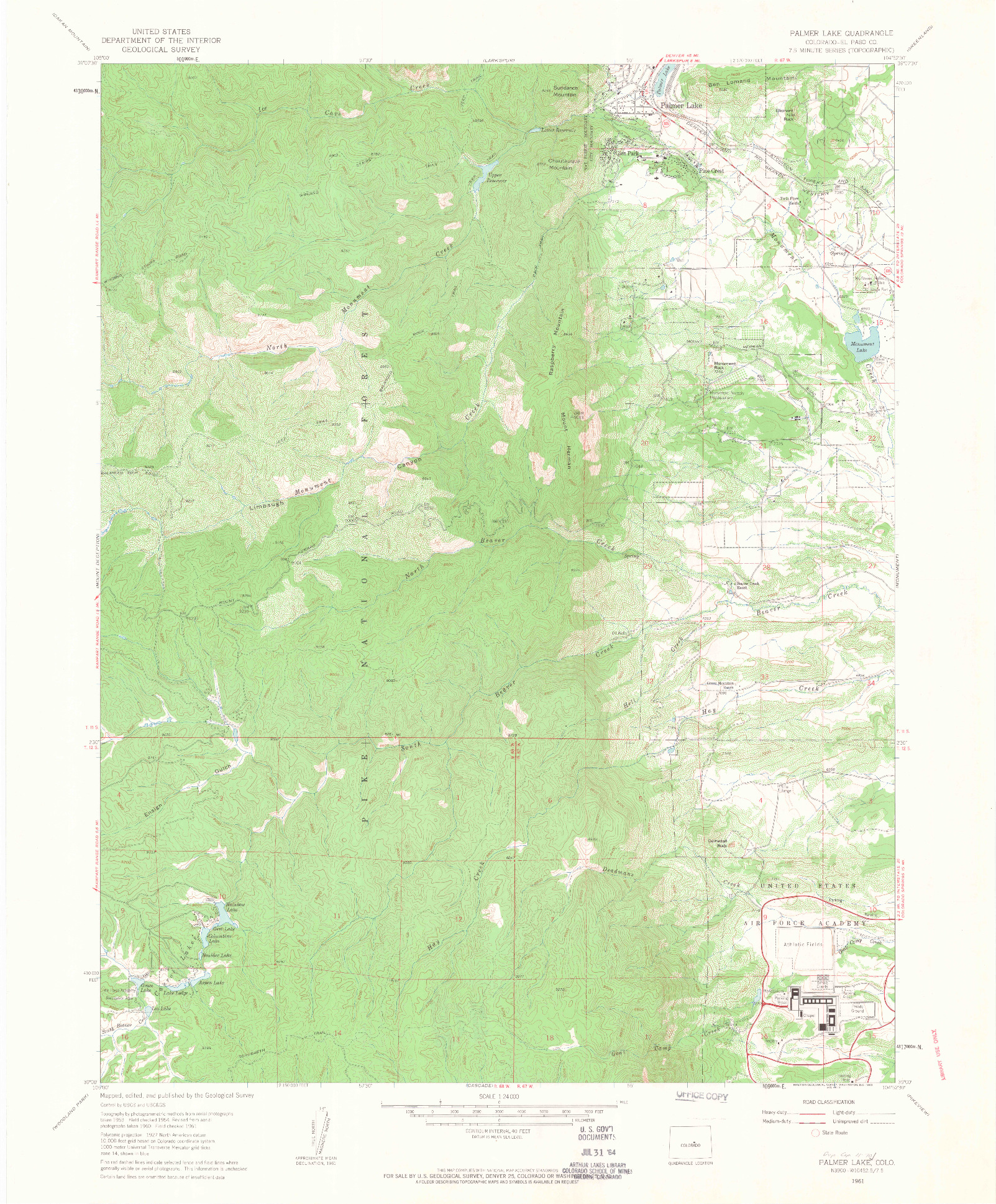 USGS 1:24000-SCALE QUADRANGLE FOR PALMER LAKE, CO 1961