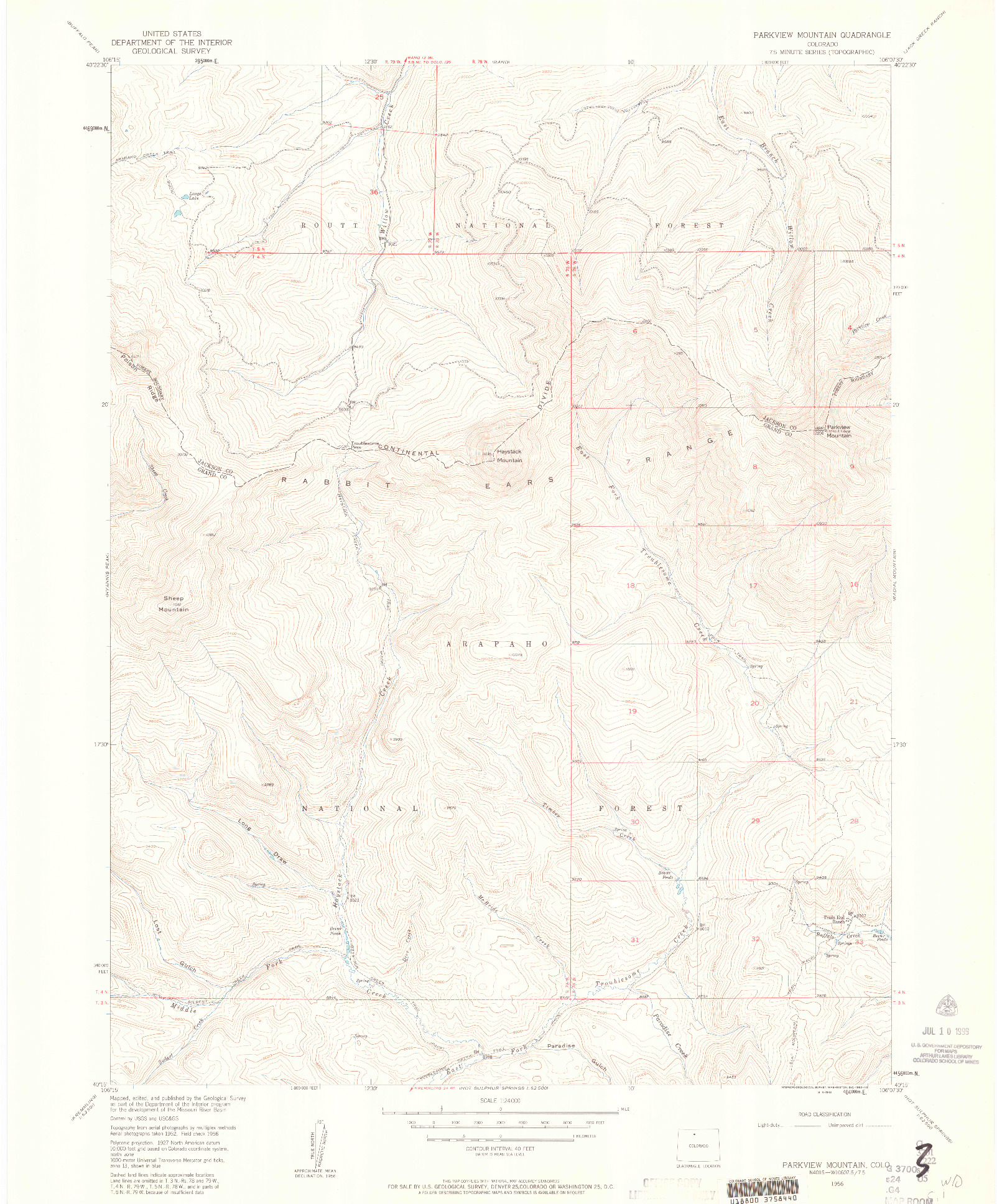 USGS 1:24000-SCALE QUADRANGLE FOR PARKVIEW MOUNTAIN, CO 1956