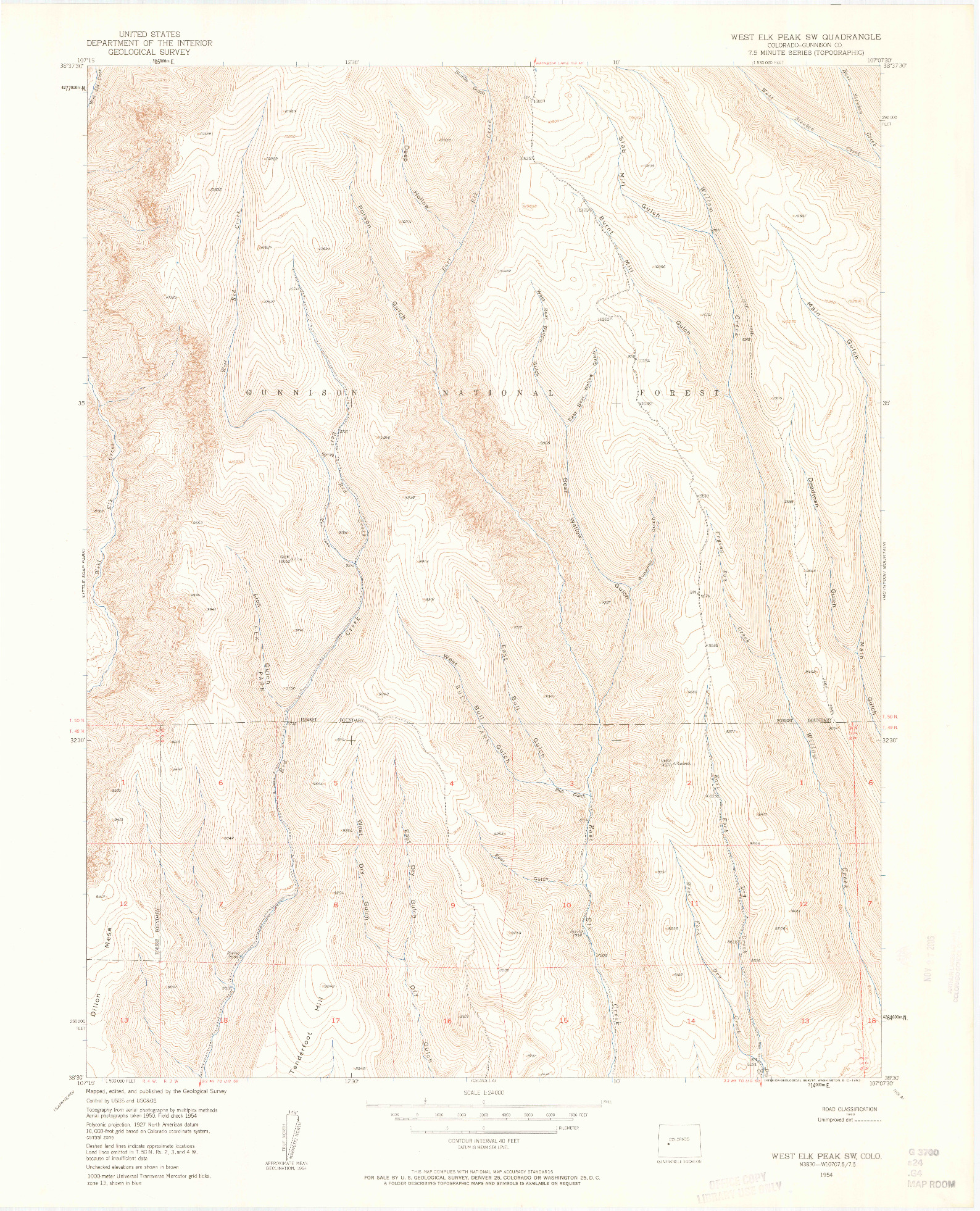 USGS 1:24000-SCALE QUADRANGLE FOR WEST ELK PEAK SW, CO 1954