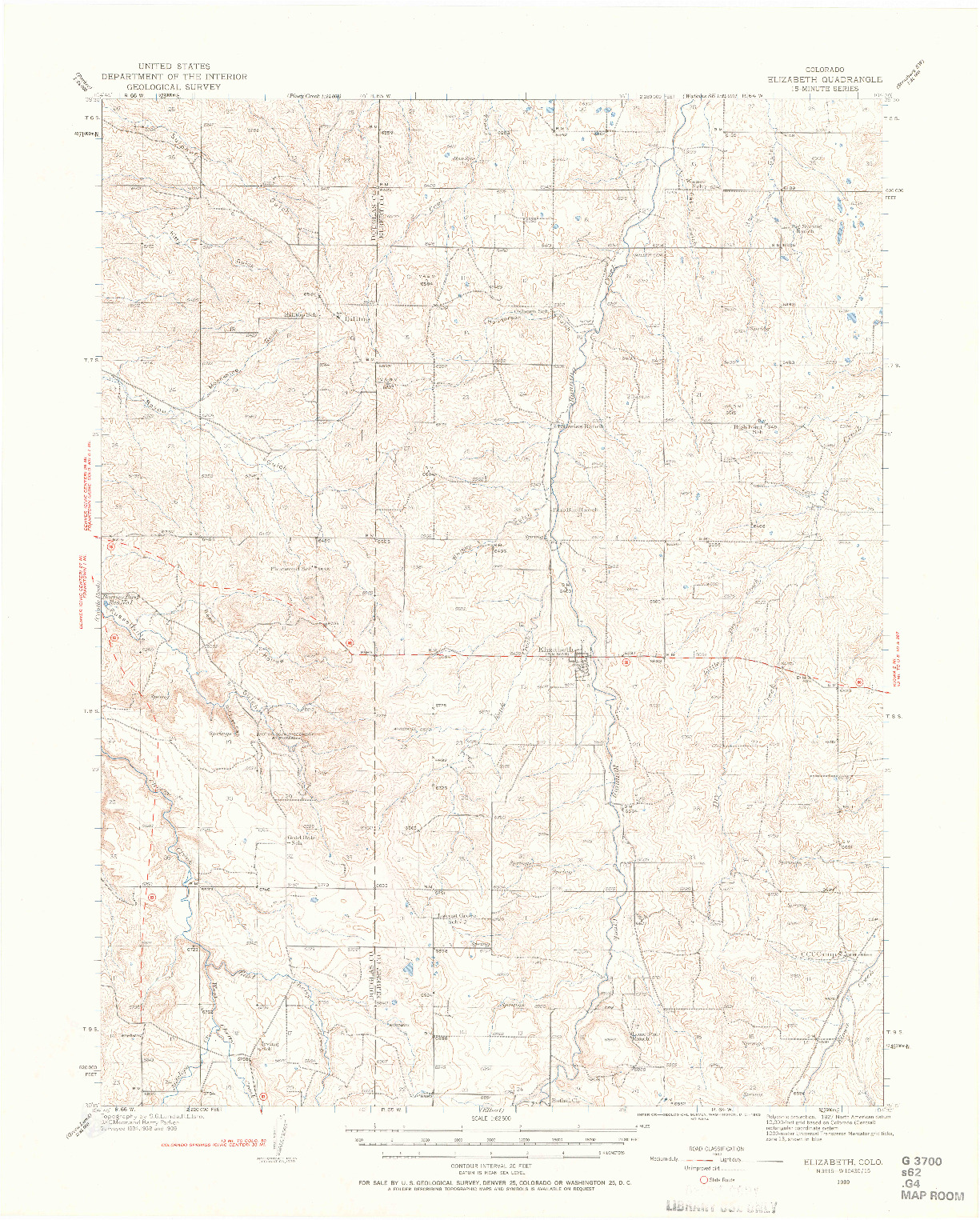 USGS 1:62500-SCALE QUADRANGLE FOR ELIZABETH, CO 1939