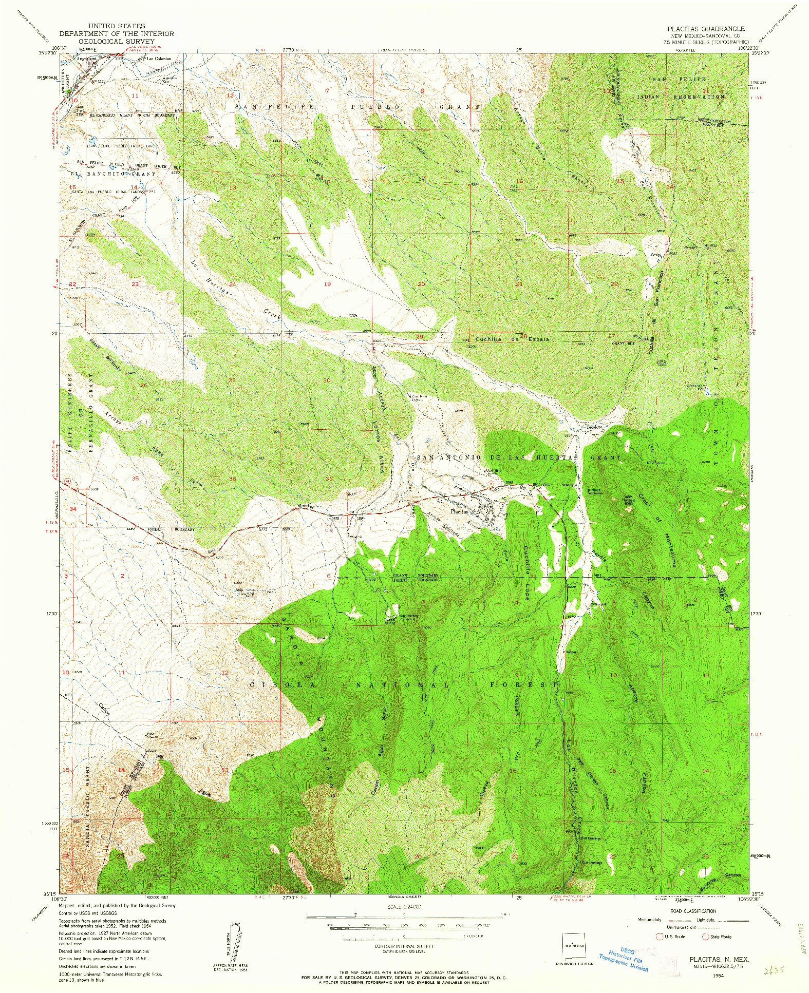 USGS 1:24000-SCALE QUADRANGLE FOR PLACITAS, NM 1954