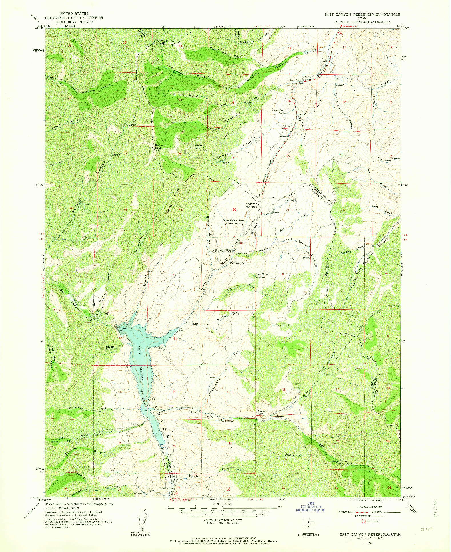 USGS 1:24000-SCALE QUADRANGLE FOR EAST CANYON RESERVOIR, UT 1961