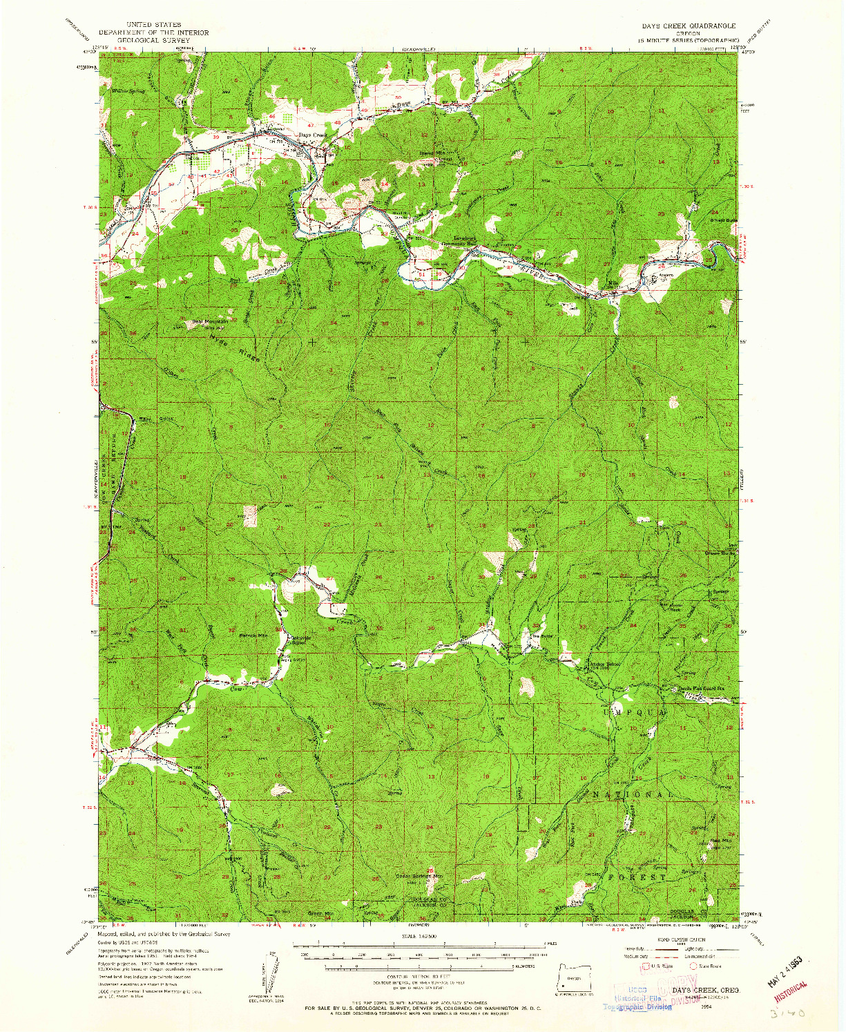 USGS 1:62500-SCALE QUADRANGLE FOR DAYS CREEK, OR 1954