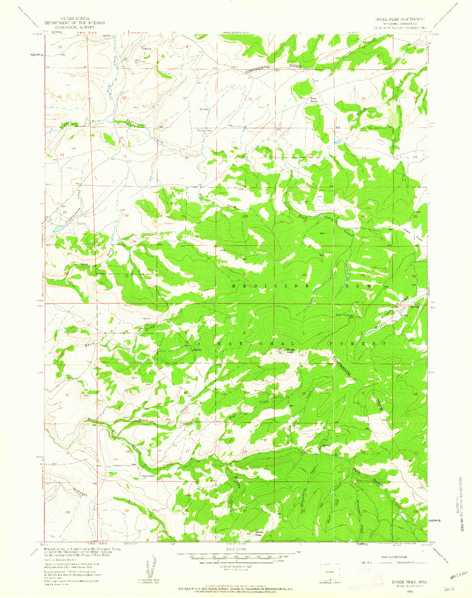 USGS 1:24000-SCALE QUADRANGLE FOR DIVIDE PEAK, WY 1961