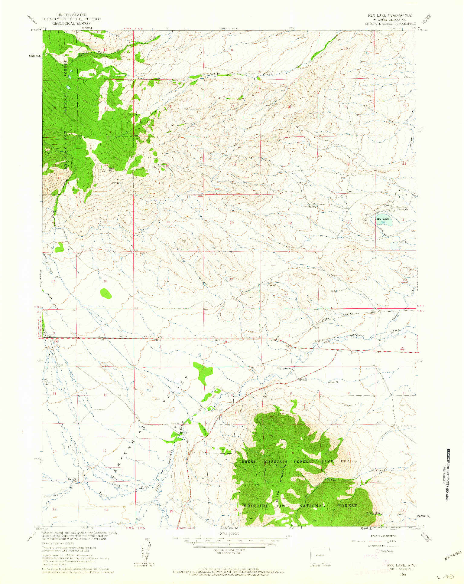 USGS 1:24000-SCALE QUADRANGLE FOR REX LAKE, WY 1961