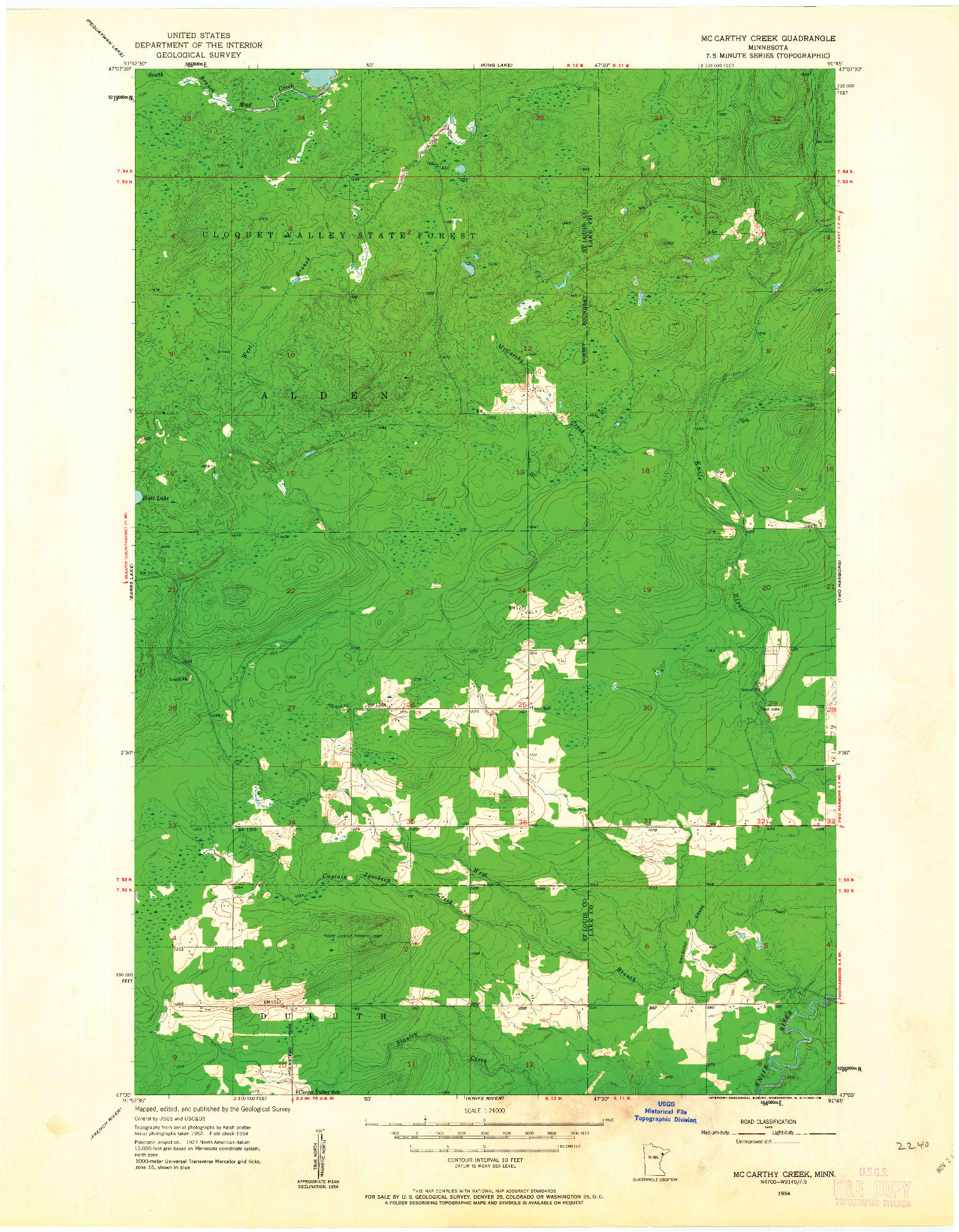 USGS 1:24000-SCALE QUADRANGLE FOR MC CARTHY CREEK, MN 1954