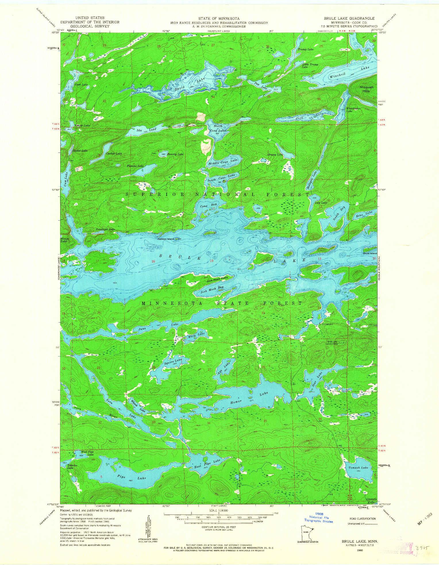 USGS 1:24000-SCALE QUADRANGLE FOR BRULE LAKE, MN 1960