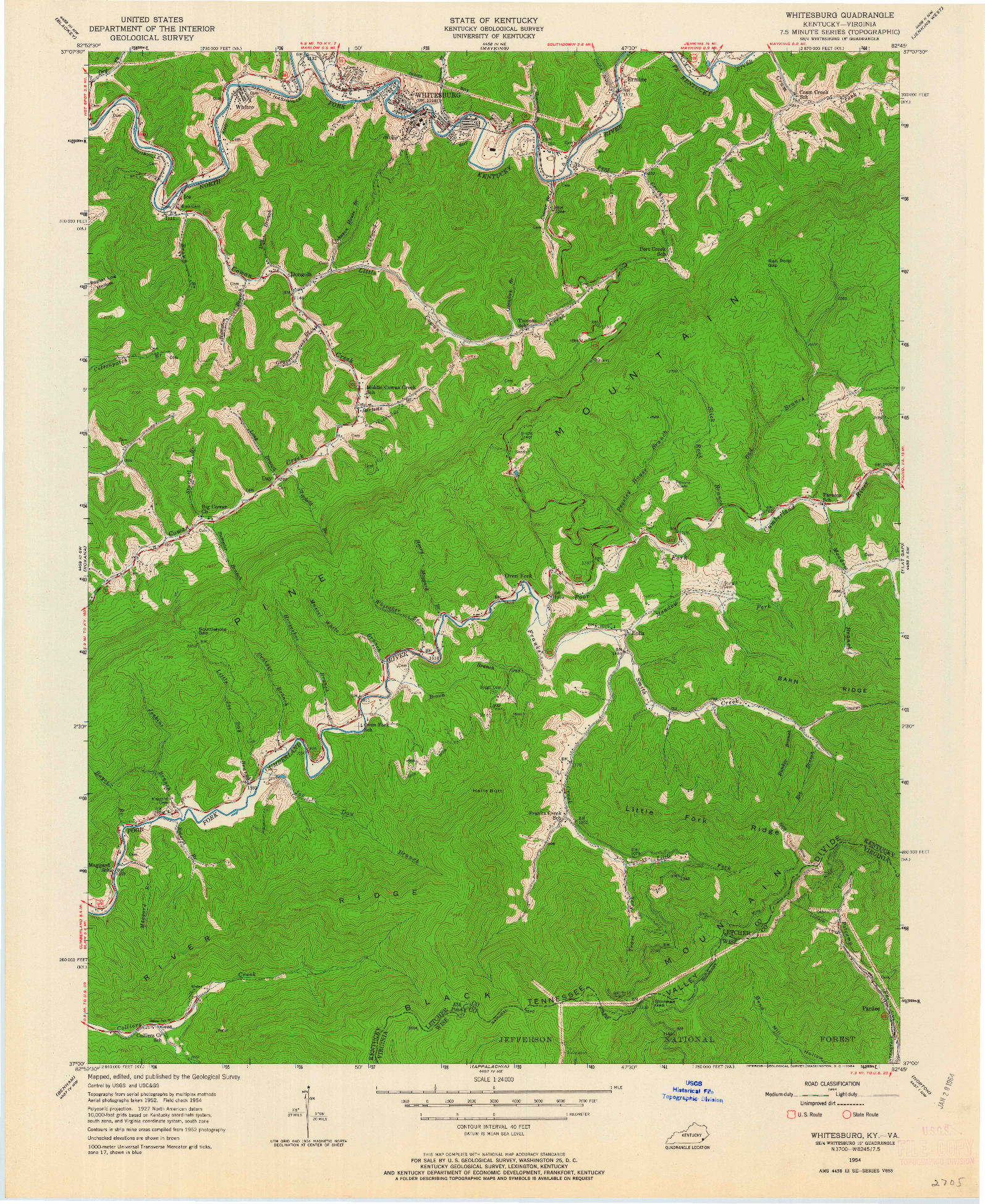 USGS 1:24000-SCALE QUADRANGLE FOR WHITESBURG, KY 1954