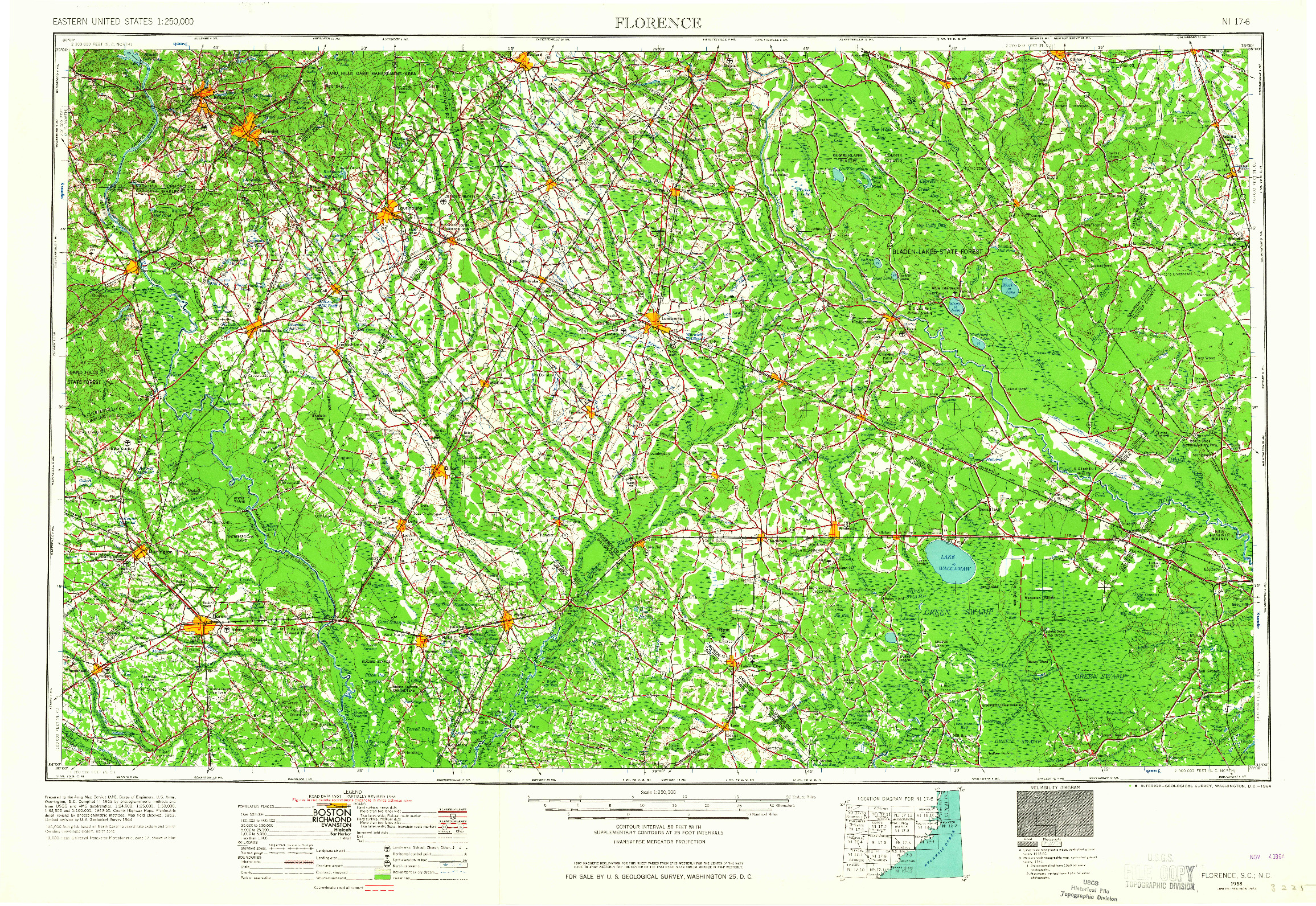 USGS 1:250000-SCALE QUADRANGLE FOR FLORENCE, SC 1953
