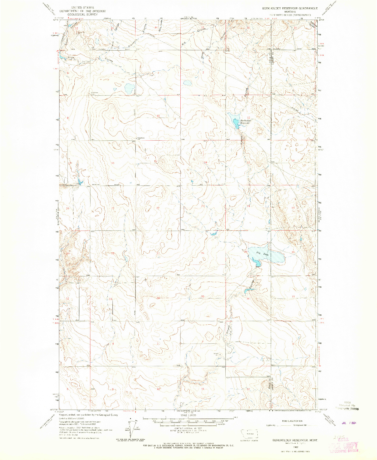 USGS 1:24000-SCALE QUADRANGLE FOR BERKHOLDER RESERVOIR, MT 1962
