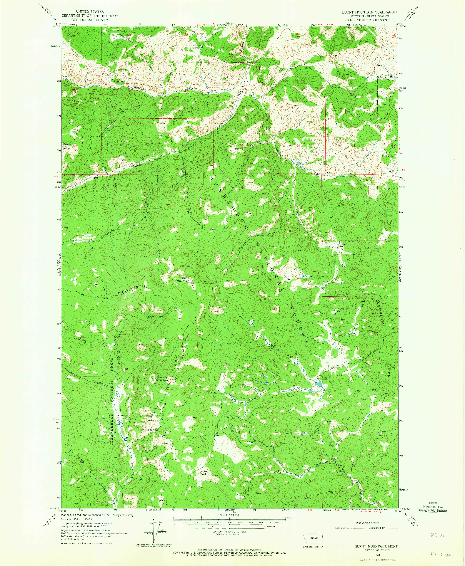 USGS 1:24000-SCALE QUADRANGLE FOR BURNT MOUNTAIN, MT 1961