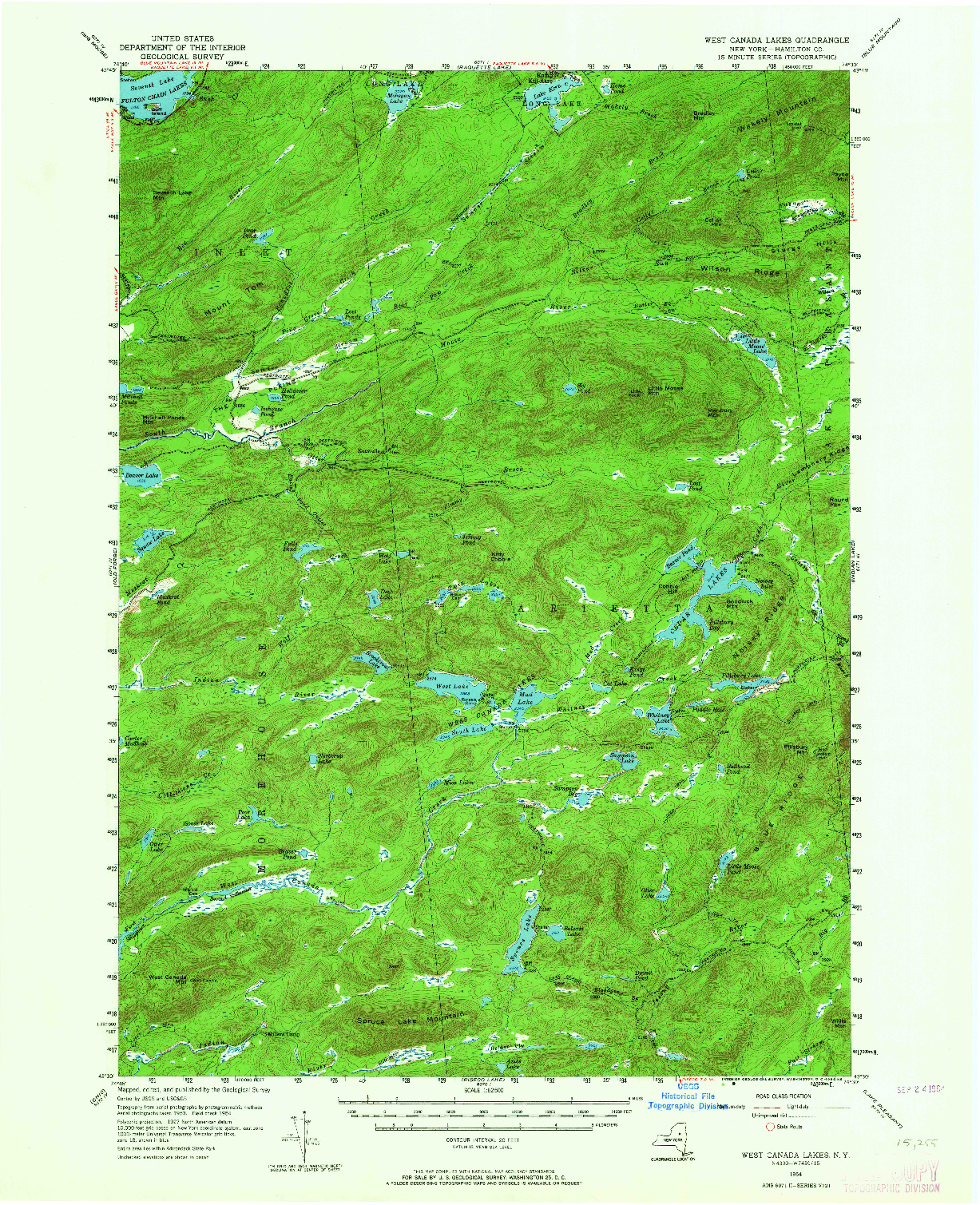 USGS 1:62500-SCALE QUADRANGLE FOR WEST CANADA LAKES, NY 1954