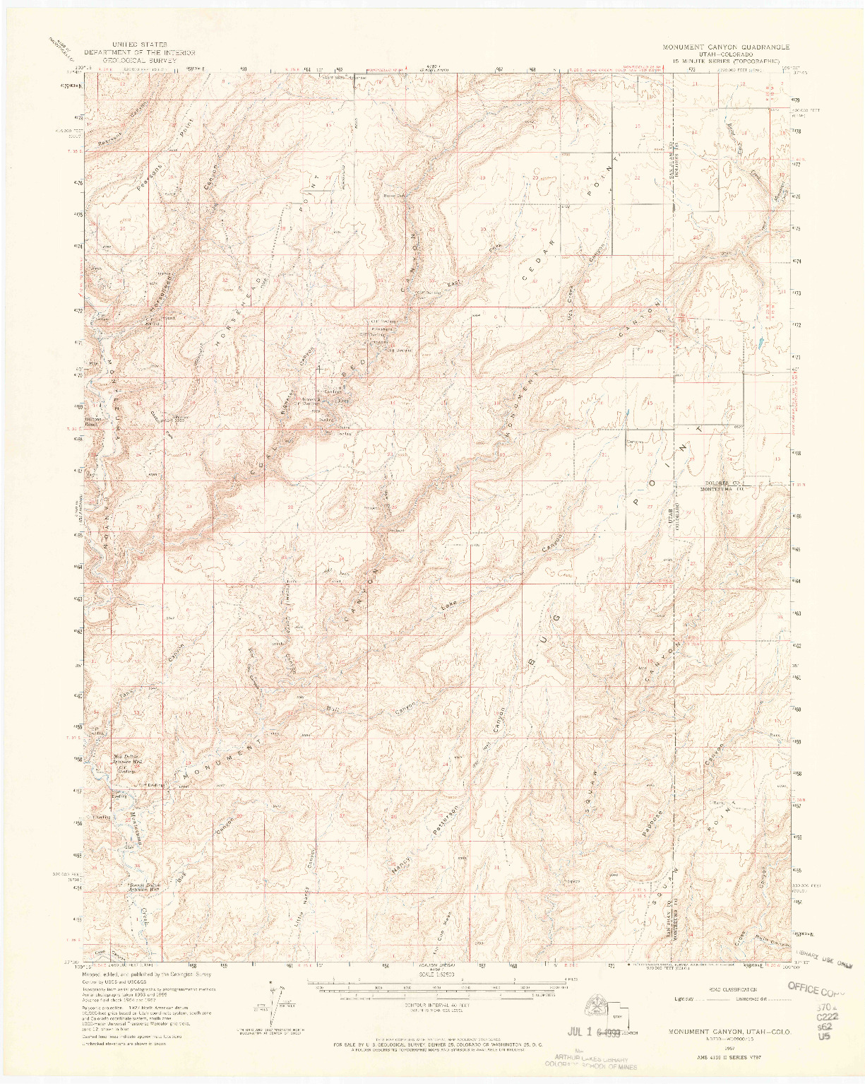 USGS 1:62500-SCALE QUADRANGLE FOR MONUMENT CANYON, UT 1957