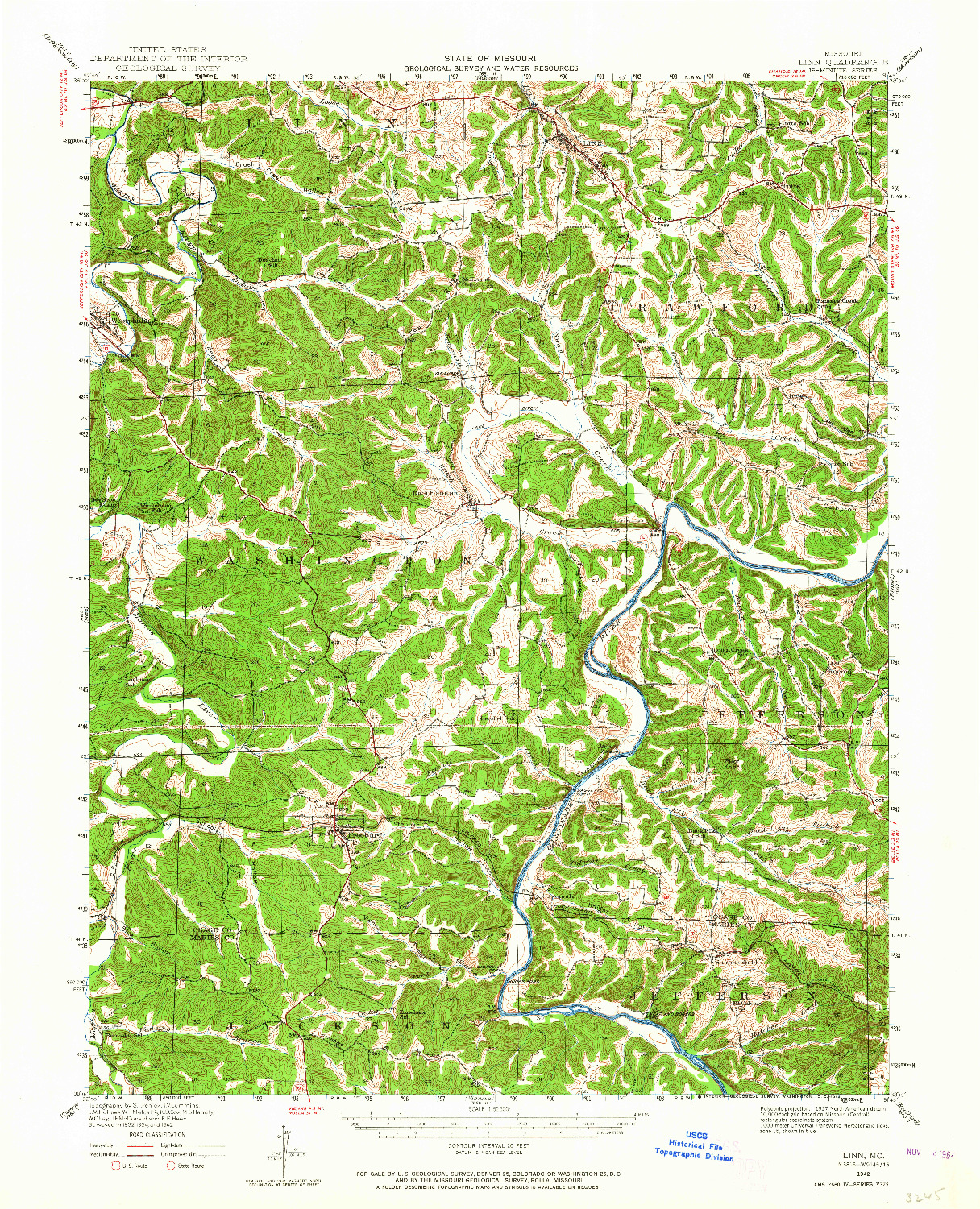 USGS 1:62500-SCALE QUADRANGLE FOR LINN, MO 1942