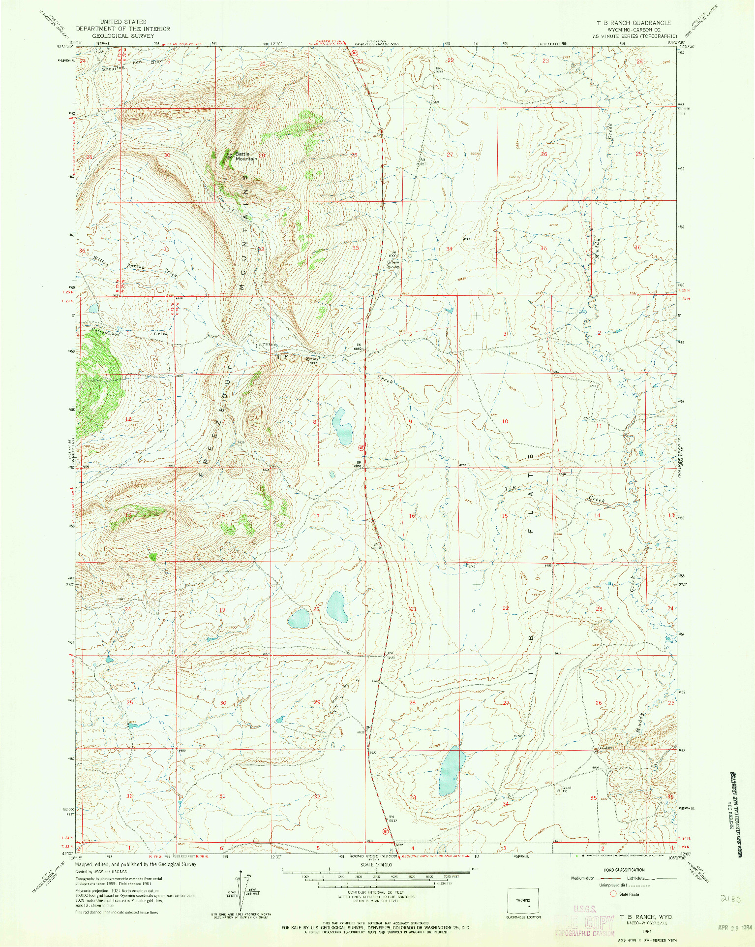 USGS 1:24000-SCALE QUADRANGLE FOR T B RANCH, WY 1961