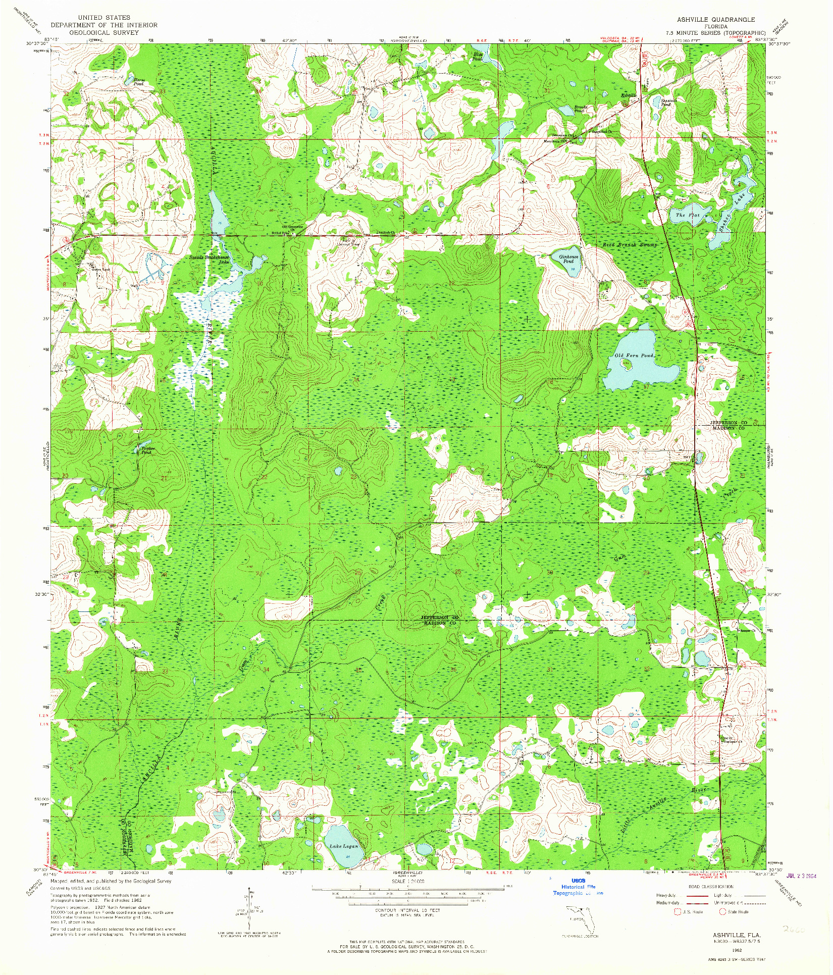 USGS 1:24000-SCALE QUADRANGLE FOR ASHVILLE, FL 1962