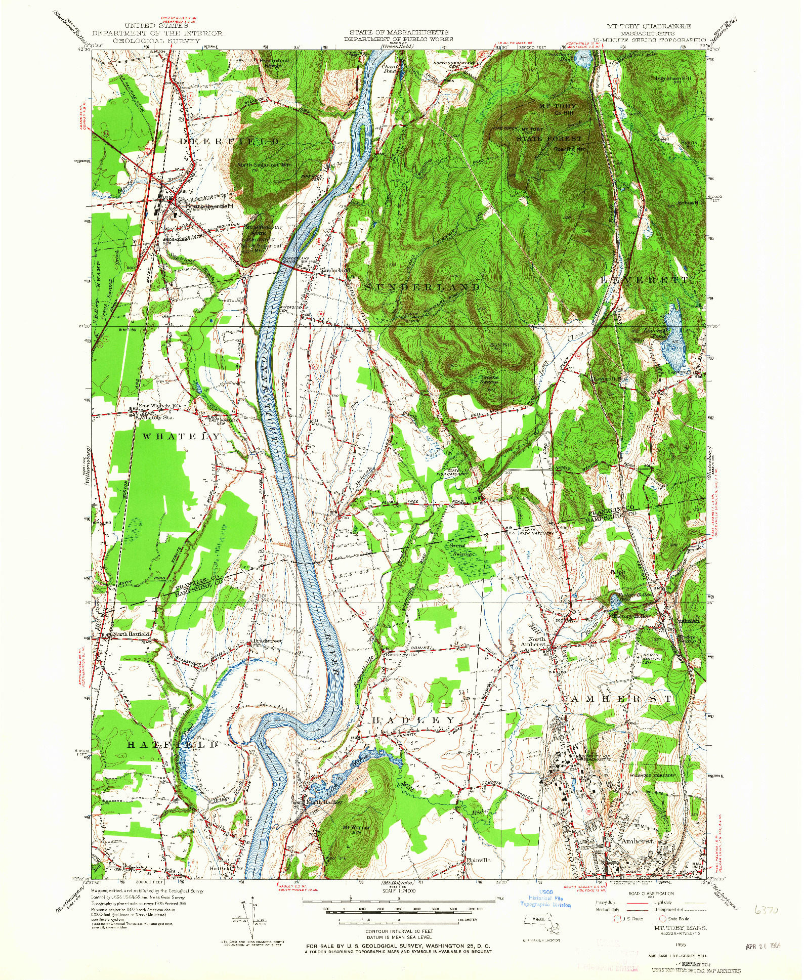 USGS 1:24000-SCALE QUADRANGLE FOR MT TOBY, MA 1955