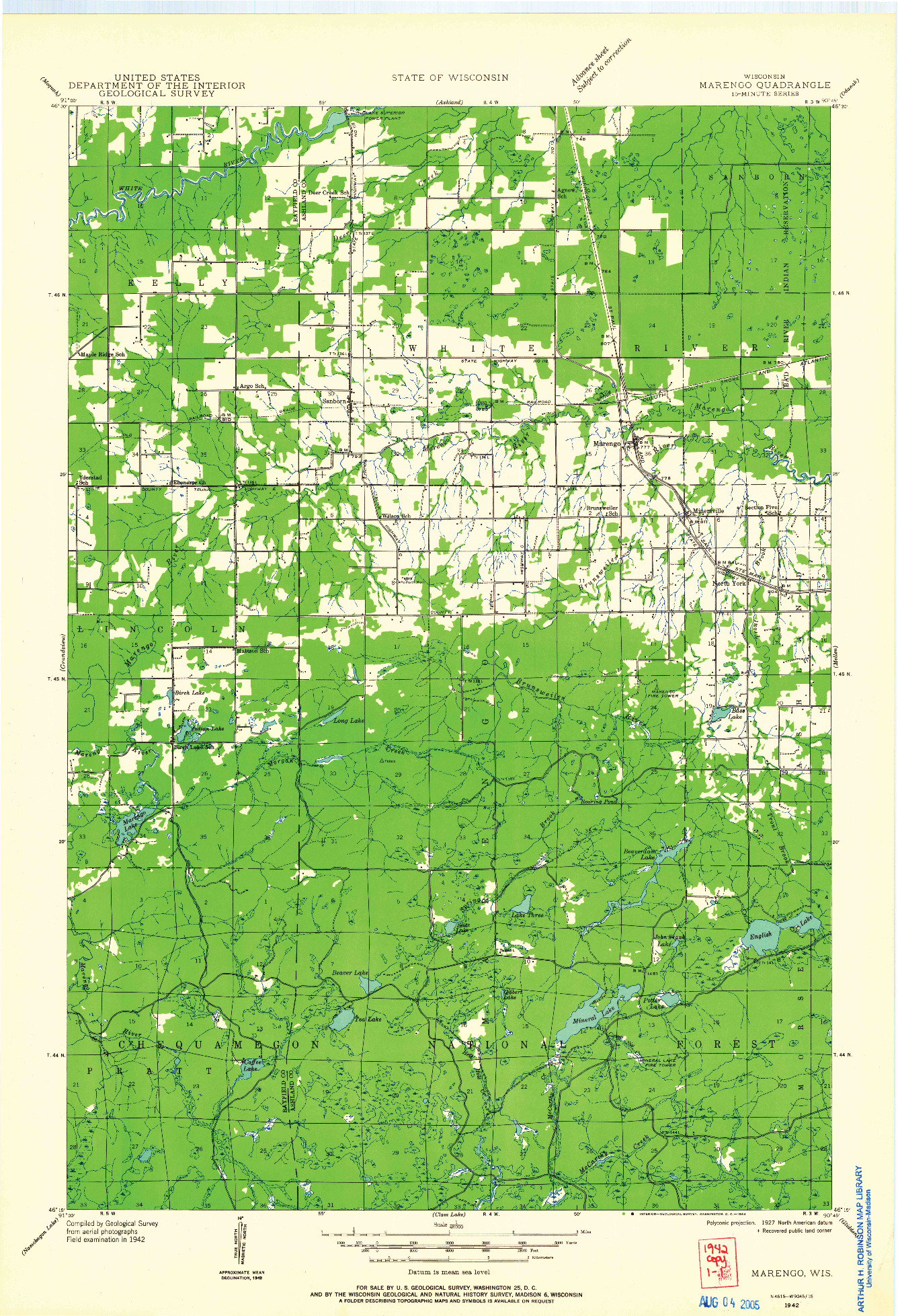 USGS 1:48000-SCALE QUADRANGLE FOR MARENGO, WI 1942