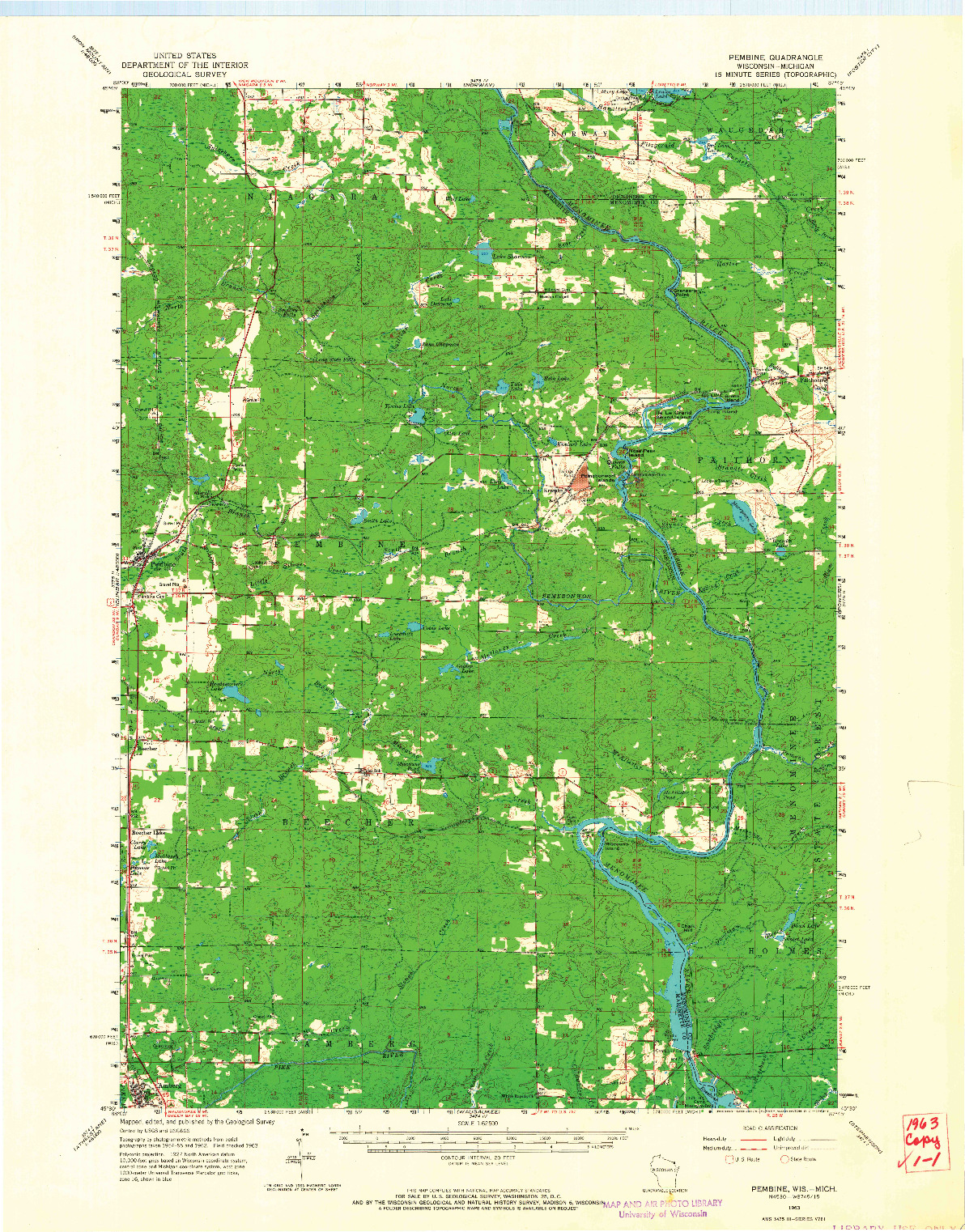 USGS 1:62500-SCALE QUADRANGLE FOR PEMBINE, WI 1963