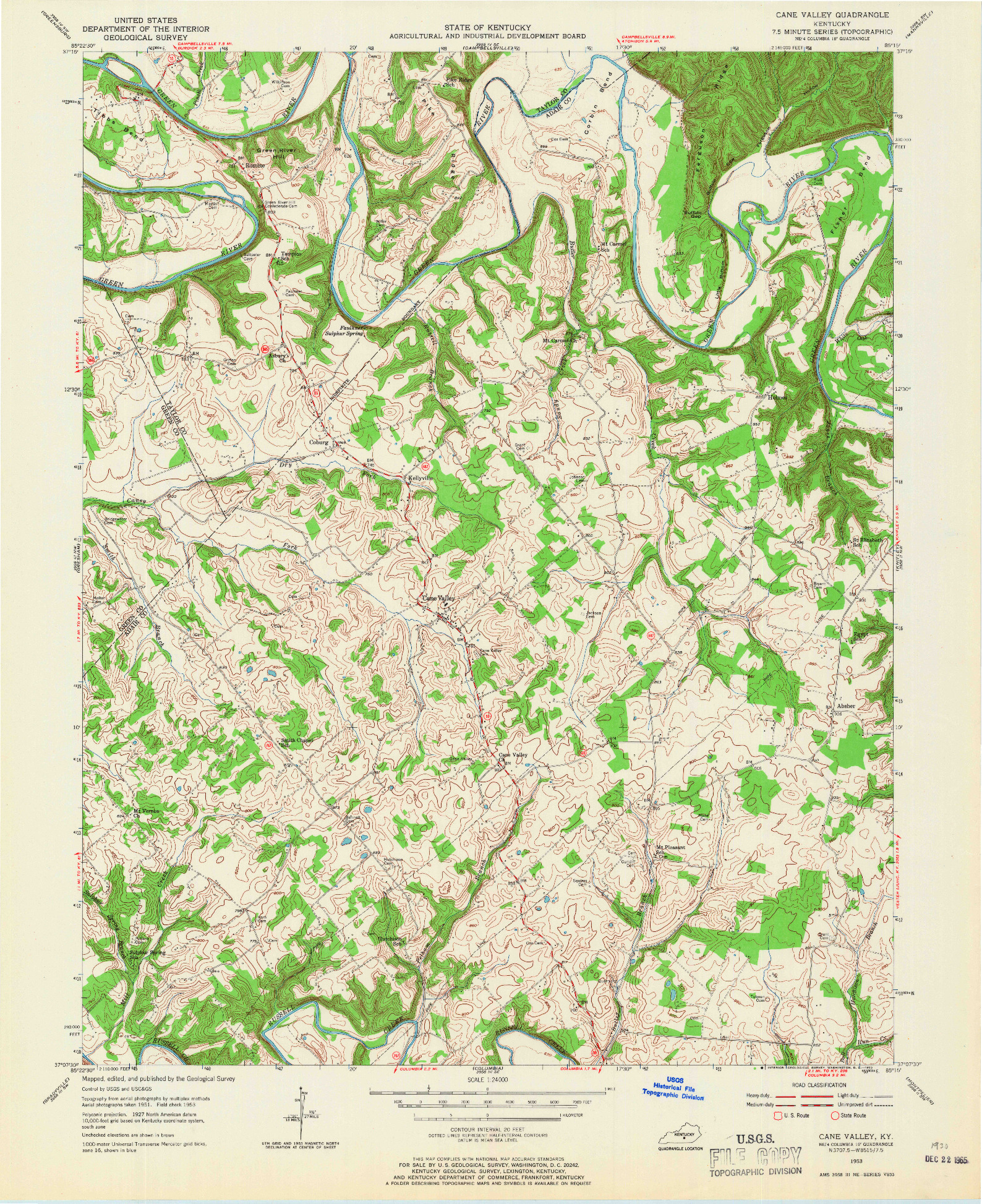 USGS 1:24000-SCALE QUADRANGLE FOR CANE VALLEY, KY 1953