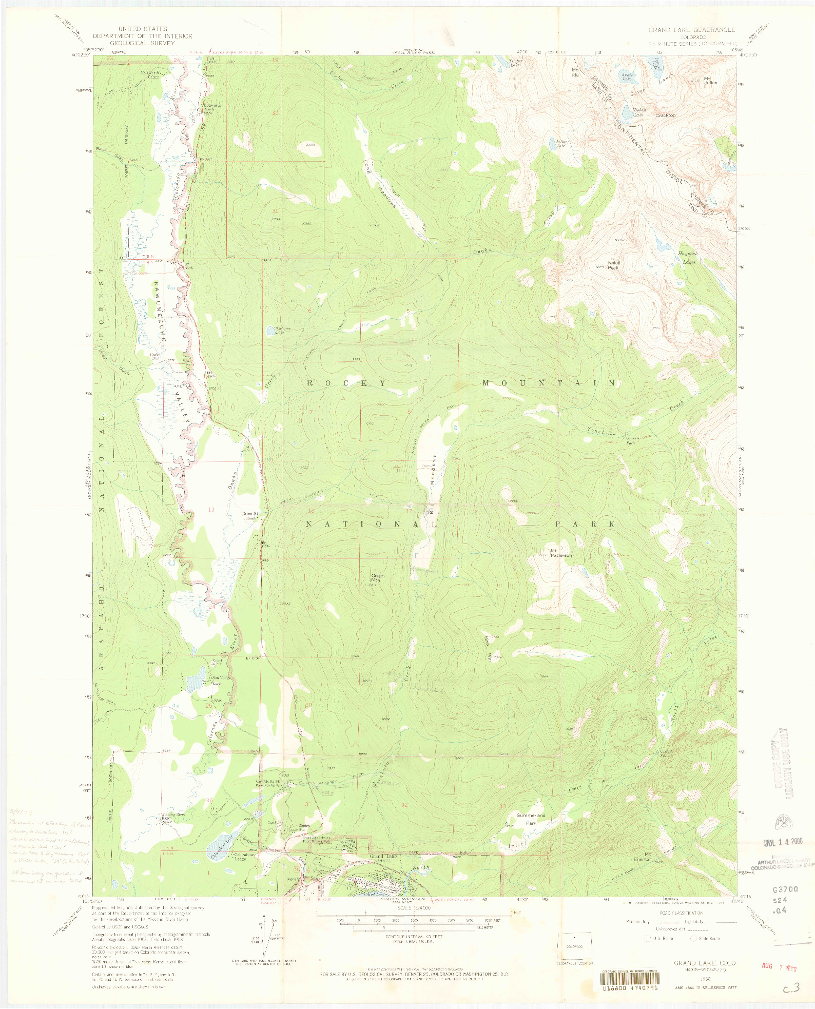 USGS 1:24000-SCALE QUADRANGLE FOR GRAND LAKE, CO 1958