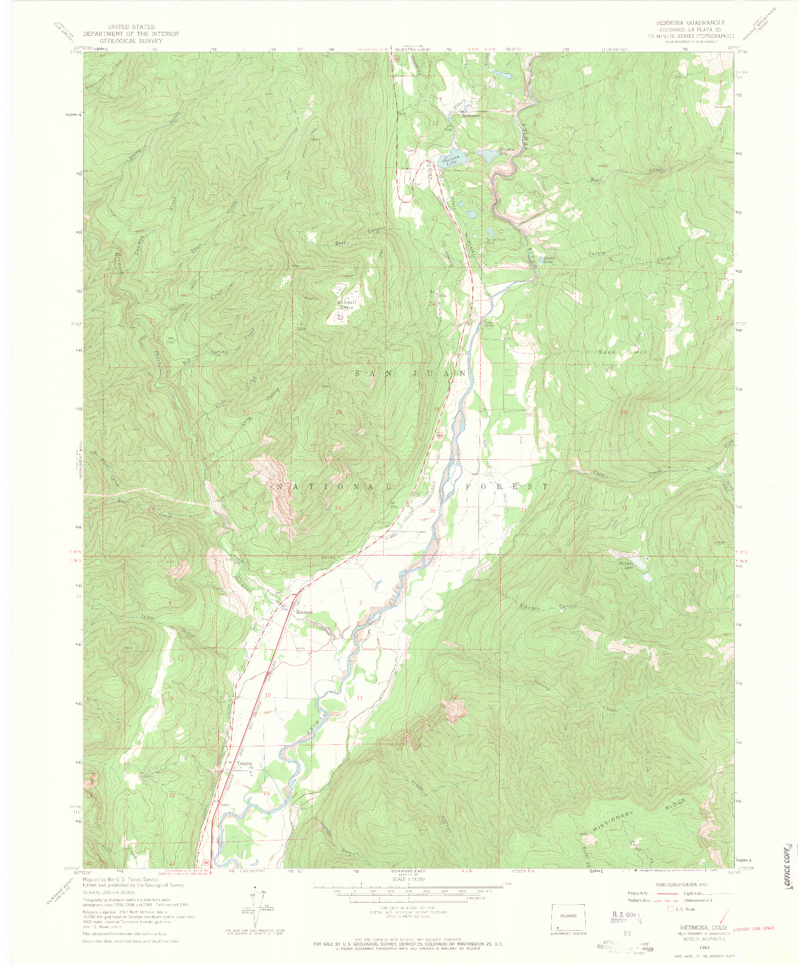 USGS 1:24000-SCALE QUADRANGLE FOR HERMOSA, CO 1963