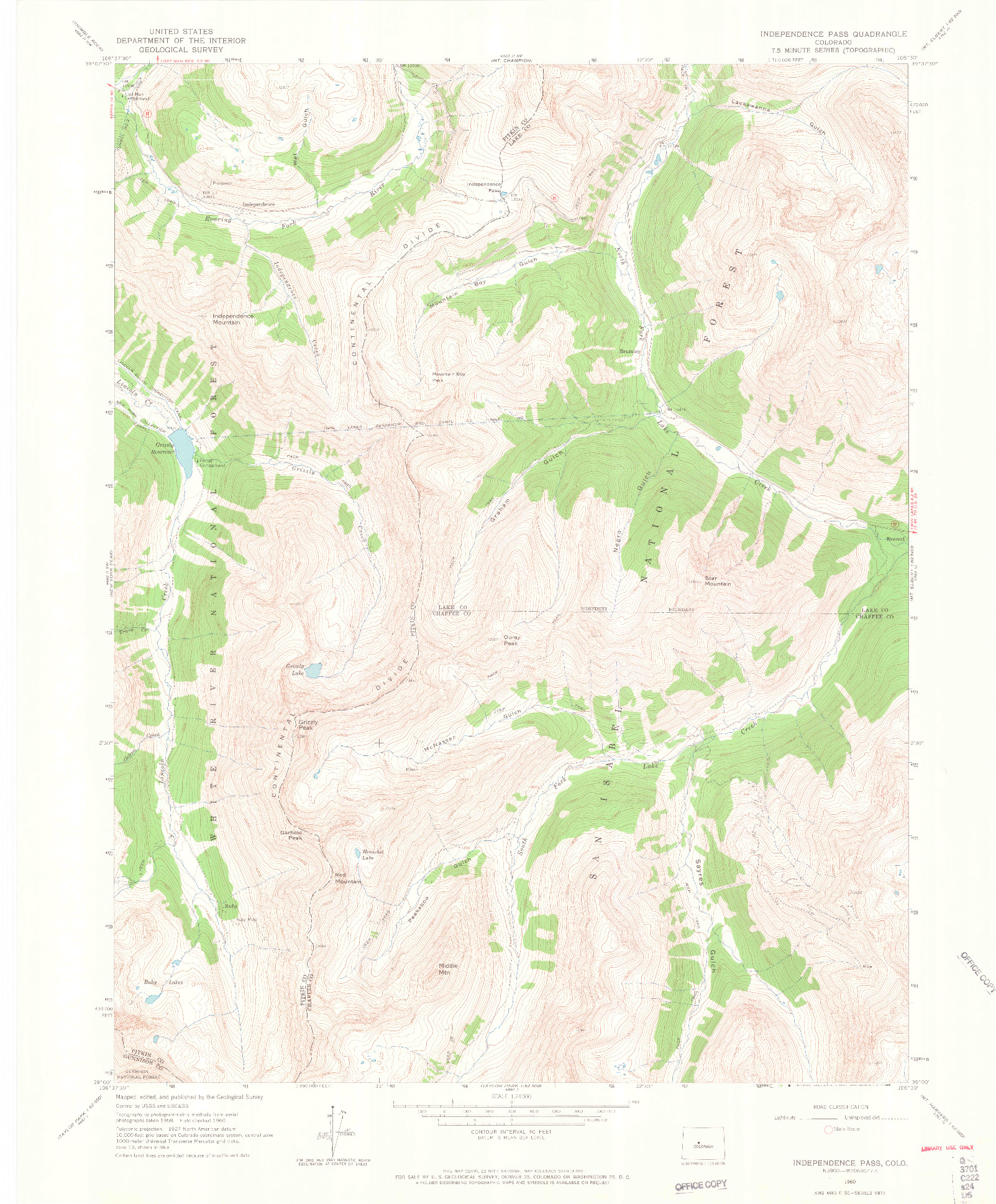 USGS 1:24000-SCALE QUADRANGLE FOR INDEPENDENCE PASS, CO 1960