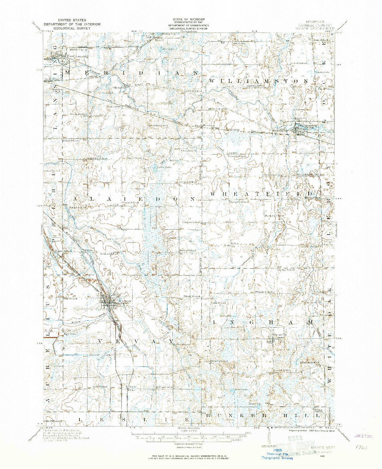 USGS 1:62500-SCALE QUADRANGLE FOR MASON, MI 1909