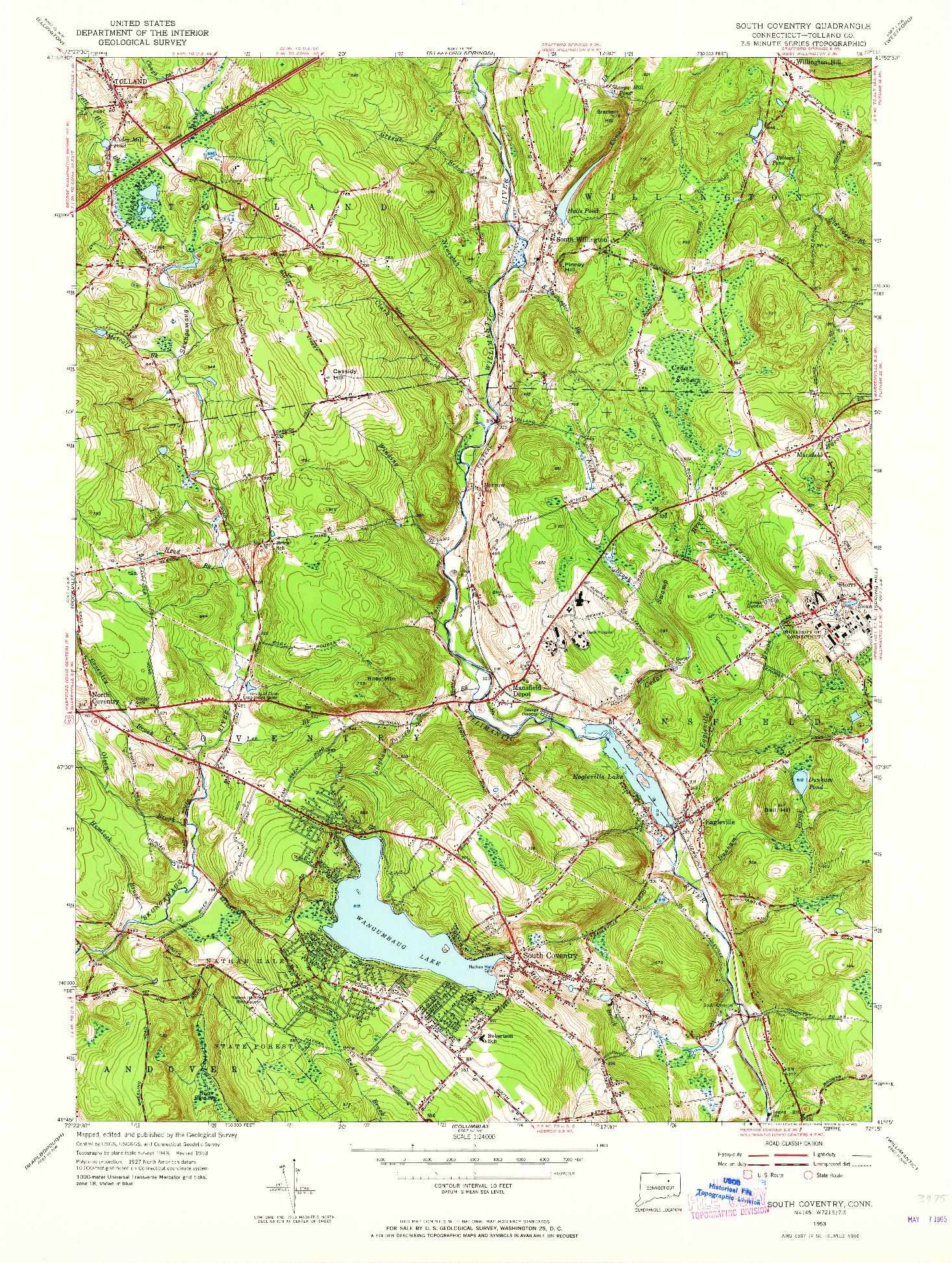 USGS 1:24000-SCALE QUADRANGLE FOR SOUTH COVENTRY, CT 1953