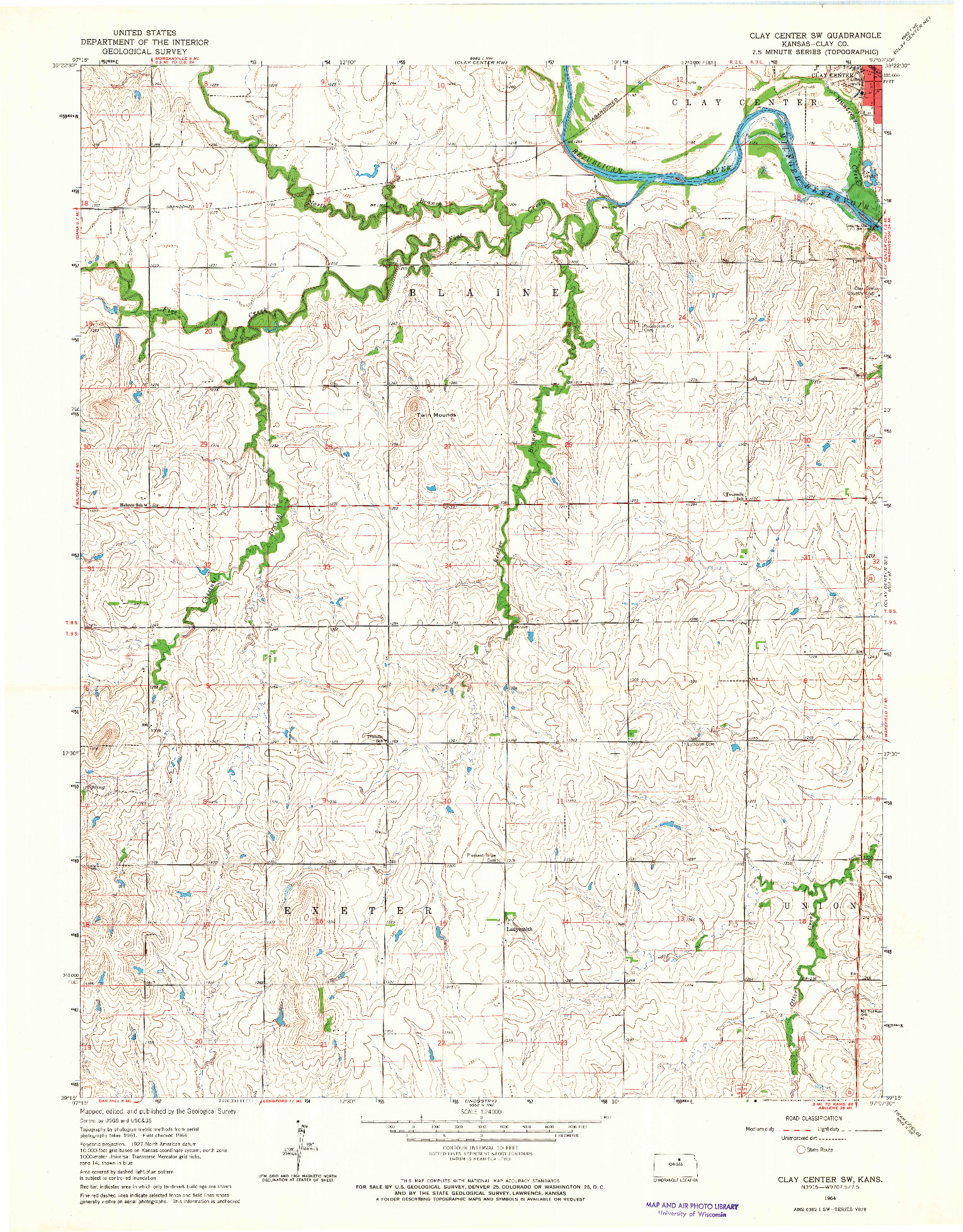 USGS 1:24000-SCALE QUADRANGLE FOR CLAY CENTER SW, KS 1964