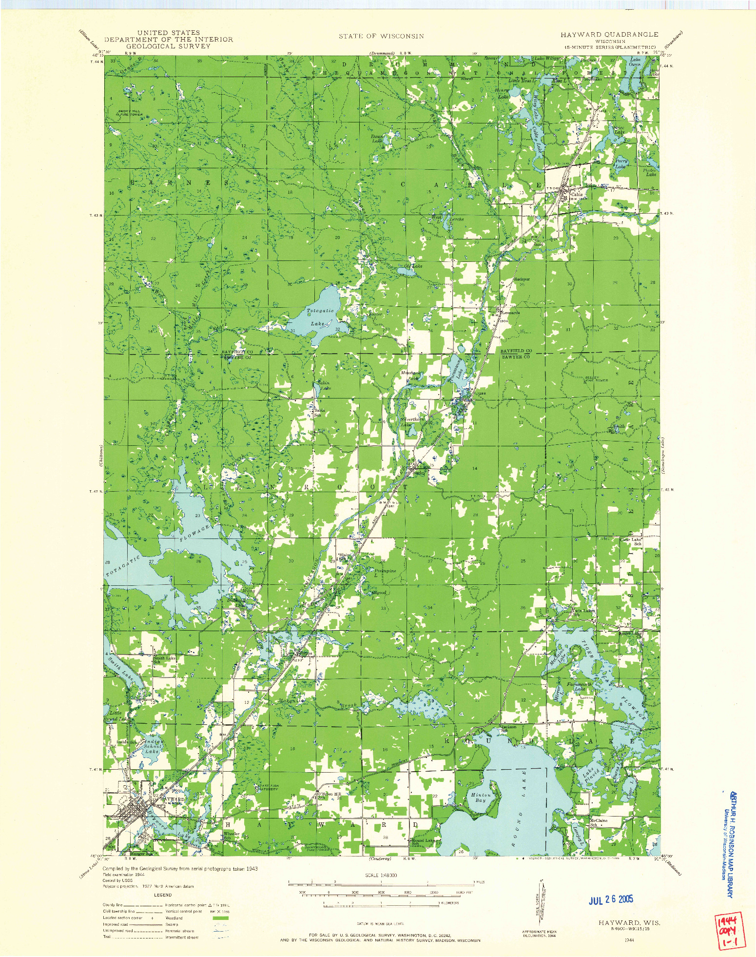 USGS 1:48000-SCALE QUADRANGLE FOR HAYWARD, WI 1944