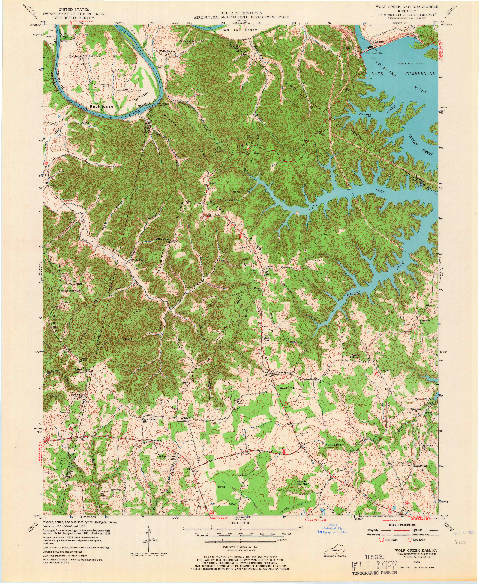 USGS 1:24000-SCALE QUADRANGLE FOR WOLF CREEK DAM, KY 1953