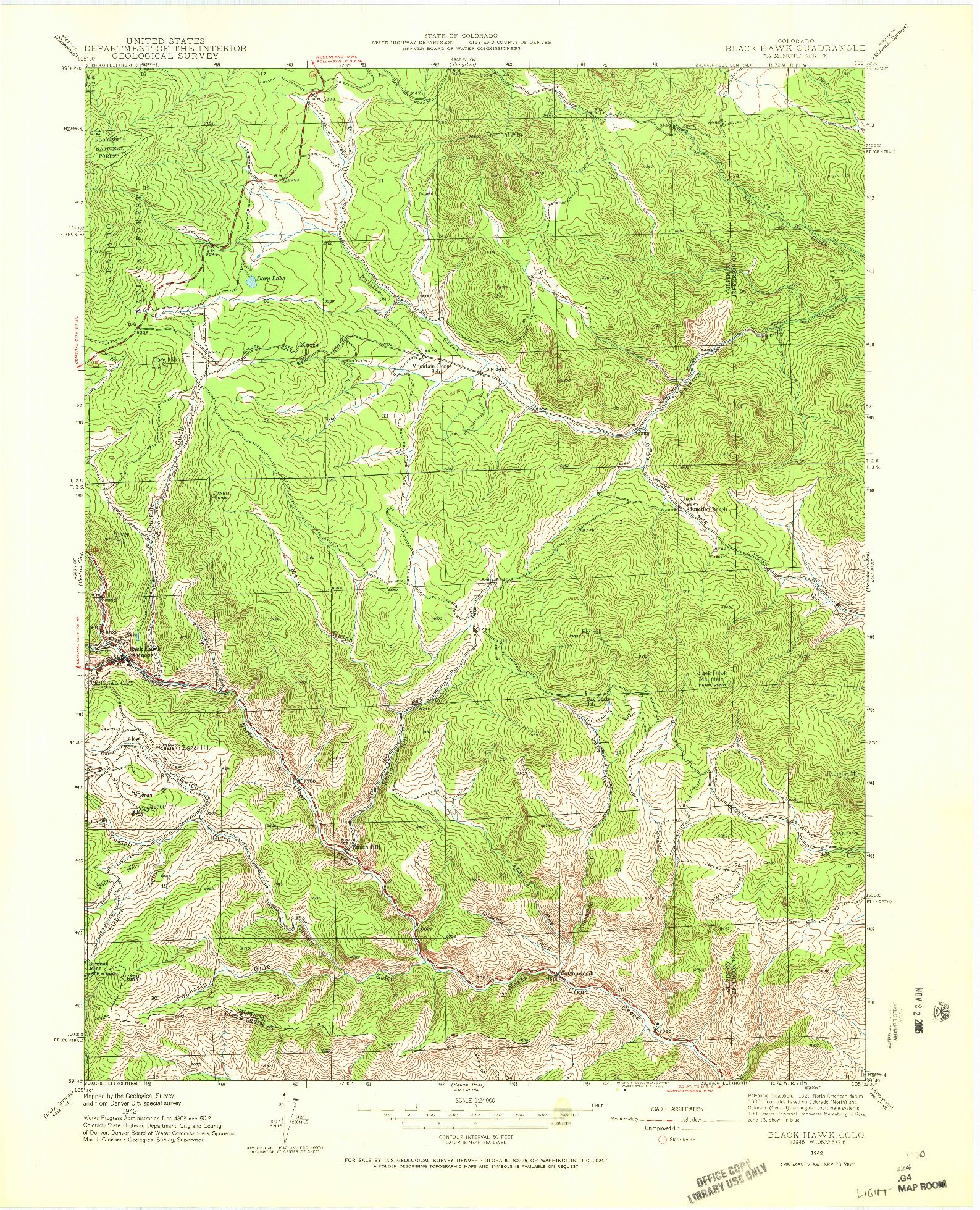 USGS 1:24000-SCALE QUADRANGLE FOR BLACK HAWK, CO 1942