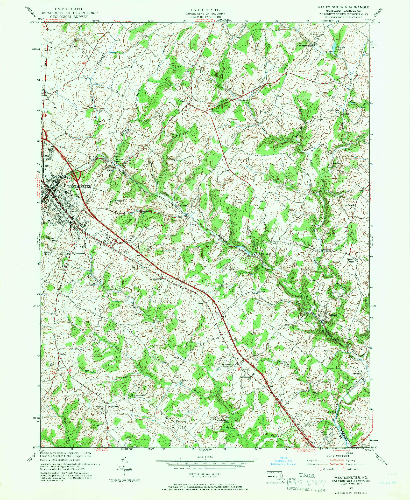 USGS 1:24000-SCALE QUADRANGLE FOR WESTMINSTER, MD 1953