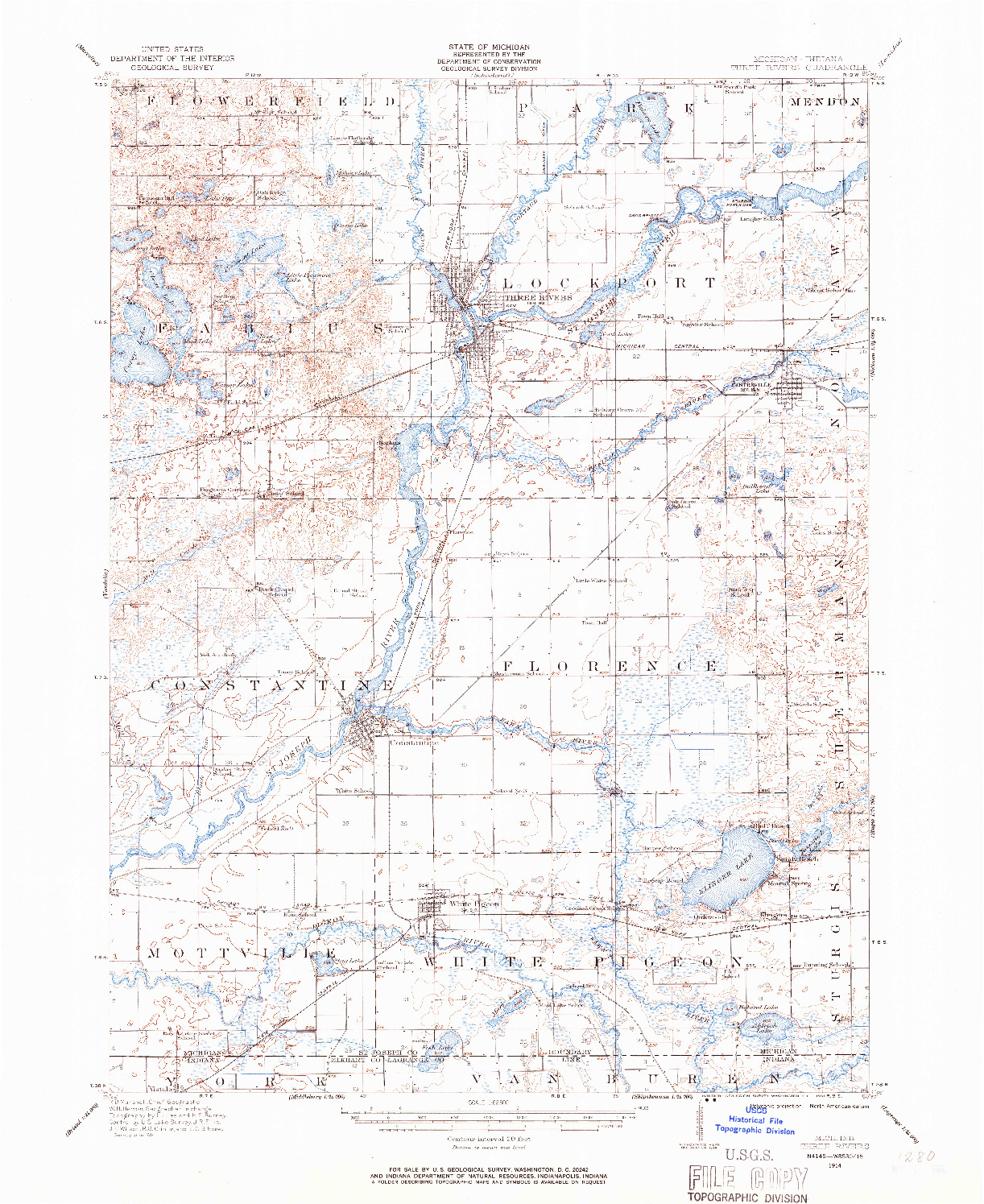 USGS 1:62500-SCALE QUADRANGLE FOR THREE RIVERS, MI 1914
